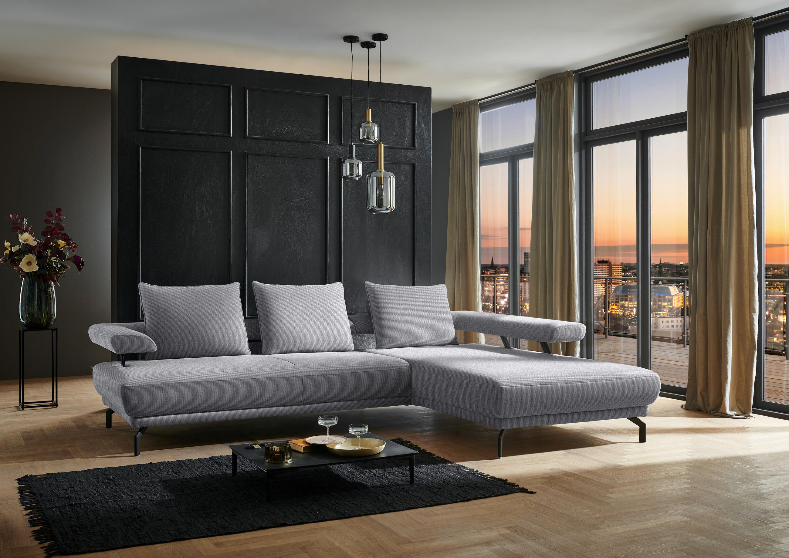 ECKSOFA in Chenille Grau  - Schwarz/Grau, Design, Textil/Metall (305/224cm) - Dieter Knoll
