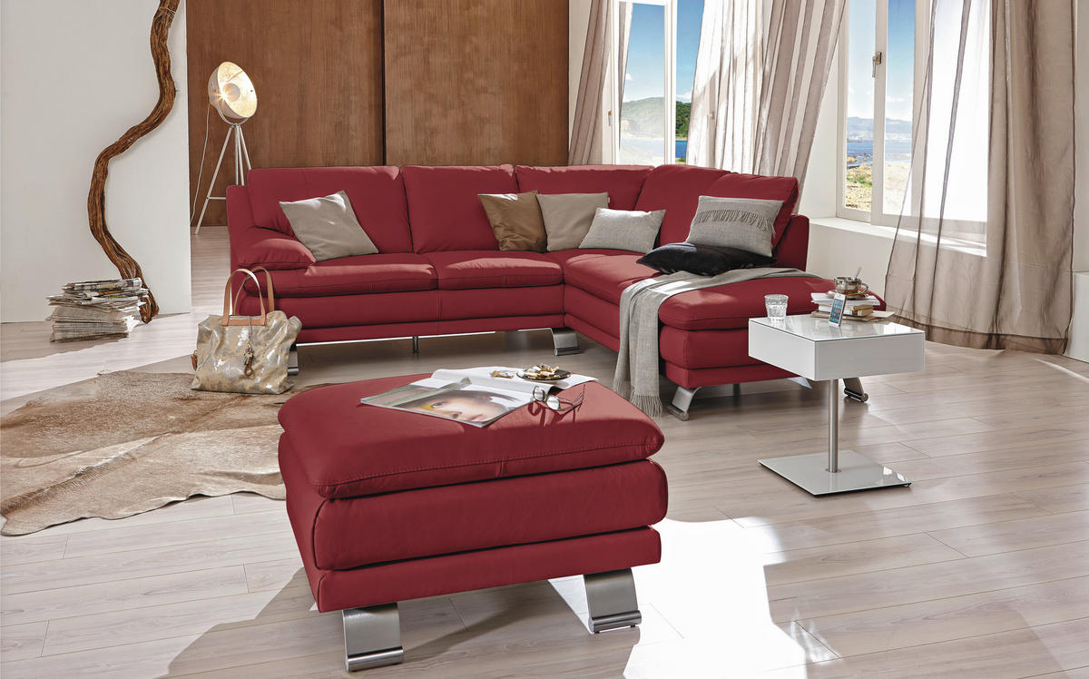 ECKSOFA Rot Kombination Echtleder/Lederlook  - Silberfarben/Rot, KONVENTIONELL, Leder/Metall (246/220cm) - Livetastic