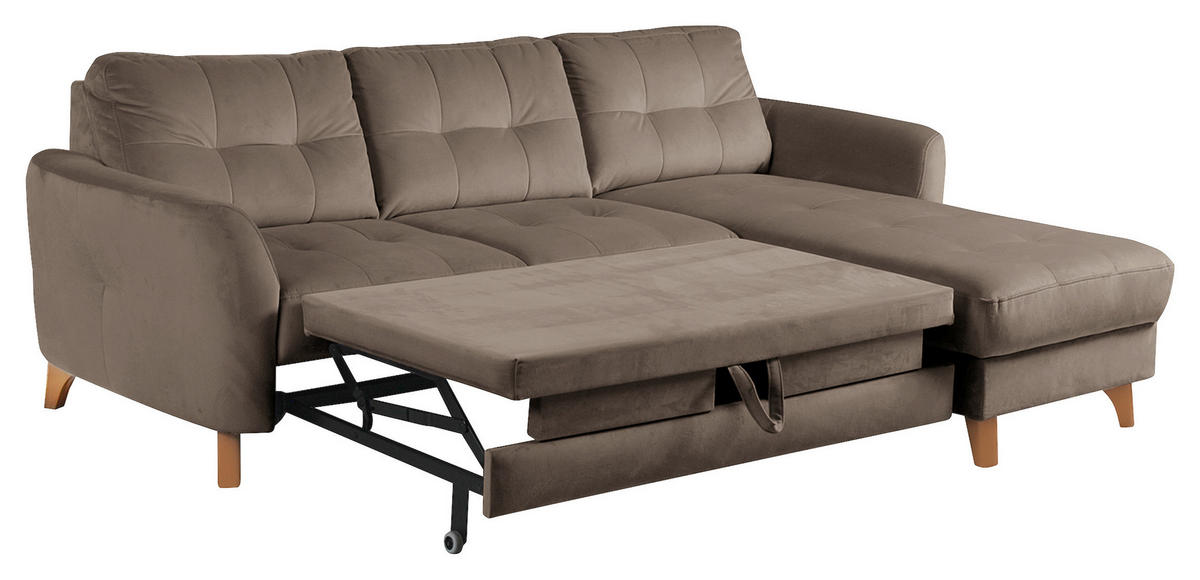 ECKSOFA Beige Samt Bettkasten, Schlaffunktion, Liegefläche im Originalstoff  - Beige/Buchefarben, Design, Holz/Textil (238/168cm) - Livetastic