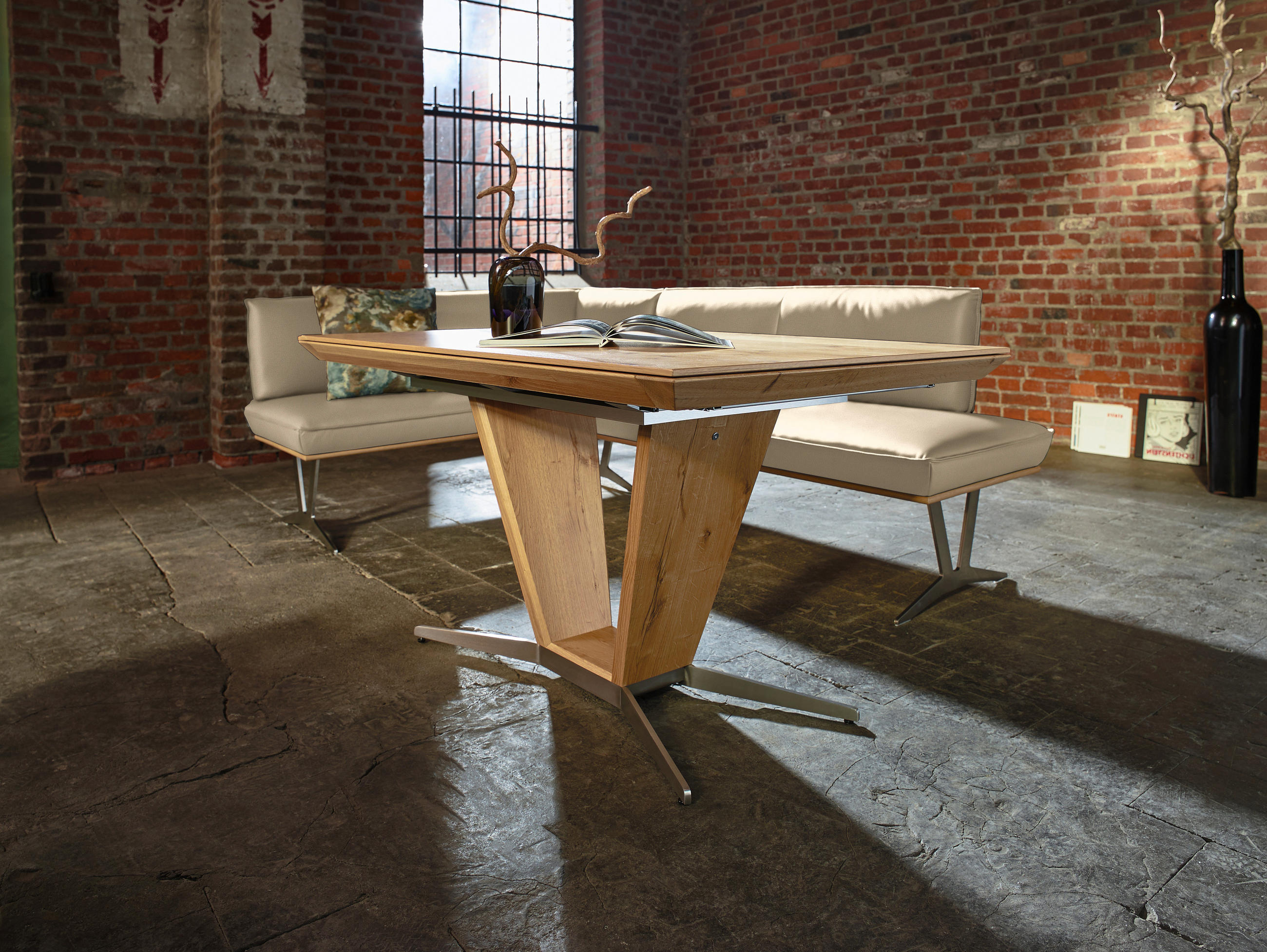 ECKBANK in Holz, Metall, Leder Beige  - Edelstahlfarben/Beige, Design, Leder/Holz (162/237cm) - Ambiente
