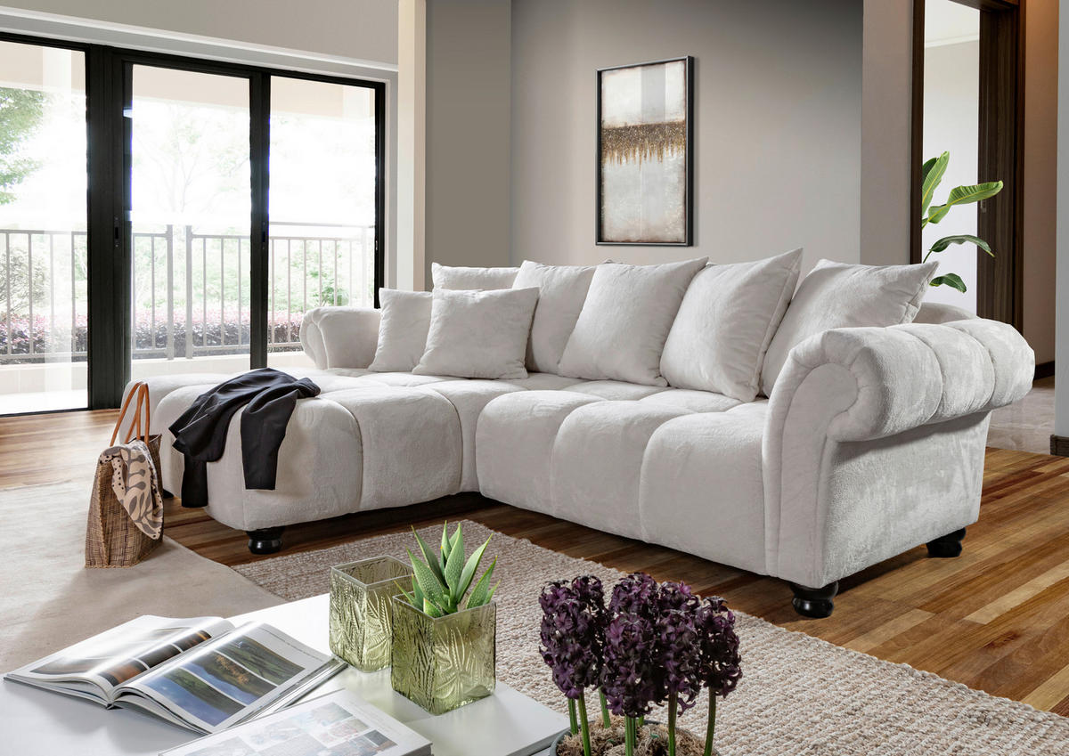 ECKSOFA  in Plüsch Weiß  190/288 cm  - Dunkelbraun/Weiß, KONVENTIONELL, Holz/Textil (190/288cm) - Carryhome