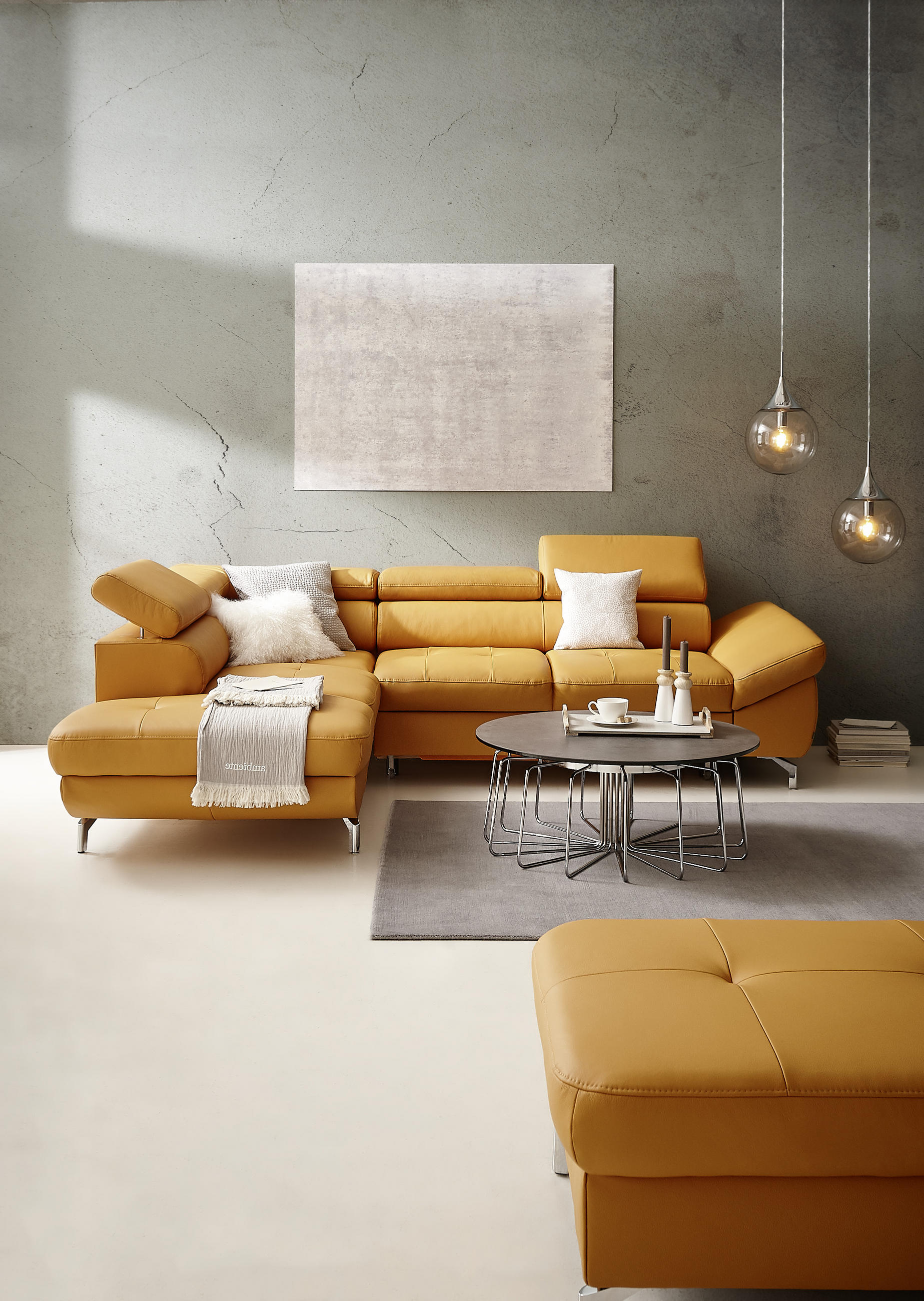 ECKSOFA Gelb Echtleder - Chromfarben/Gelb, Design, Leder/Metall (220/270cm) - Novel