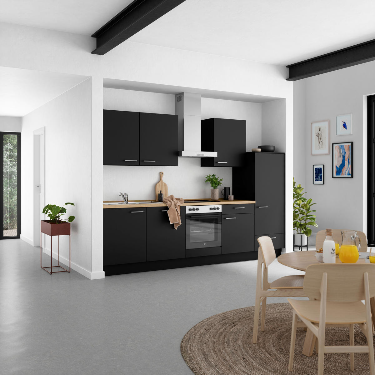 KÜCHENLEERBLOCK 300 cm   in Schwarz, Eichefarben  - Edelstahlfarben/Eichefarben, MODERN, Holzwerkstoff/Metall (300cm) - Nobilia