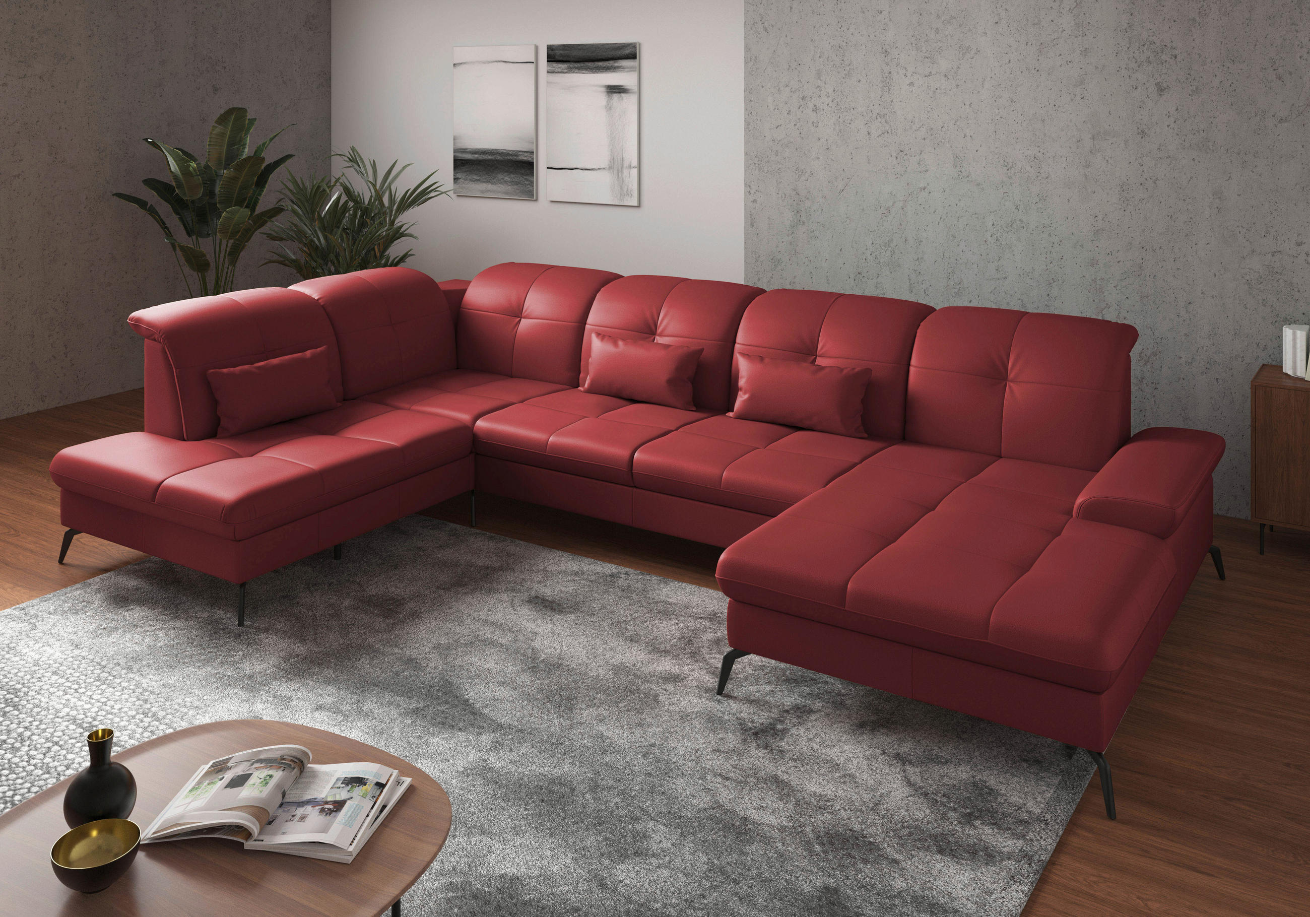 WOHNLANDSCHAFT in Vliesstoff Kombination Echtleder/Stoff Rot  - Rot/Schwarz, Konventionell, Leder/Textil (231/357/185cm) - Sit & More
