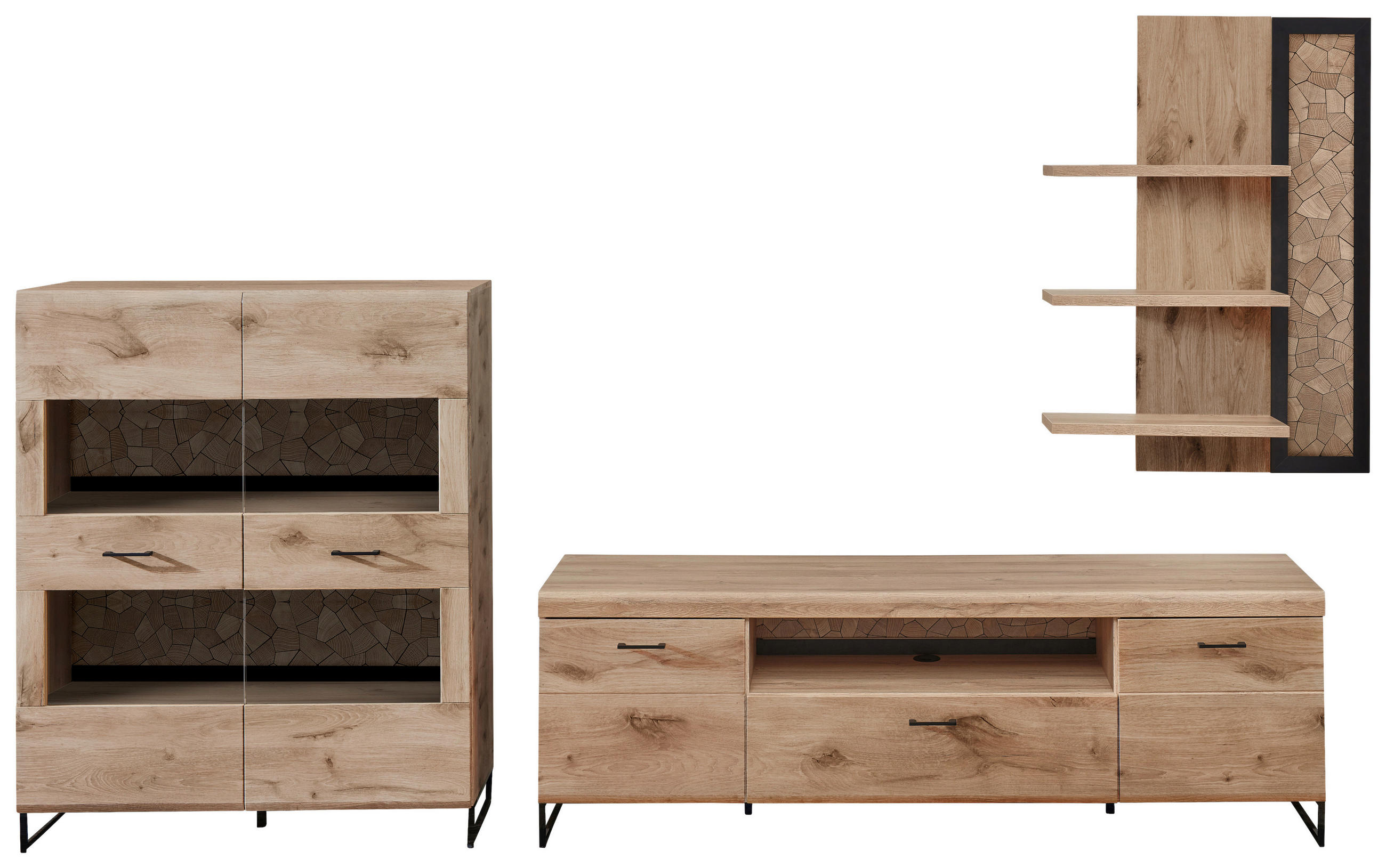 WOHNWAND Schwarz, Eichefarben Einlegeböden - Eichefarben/Schwarz, KONVENTIONELL, Glas/Holzwerkstoff (359/202/48cm) - Stylife