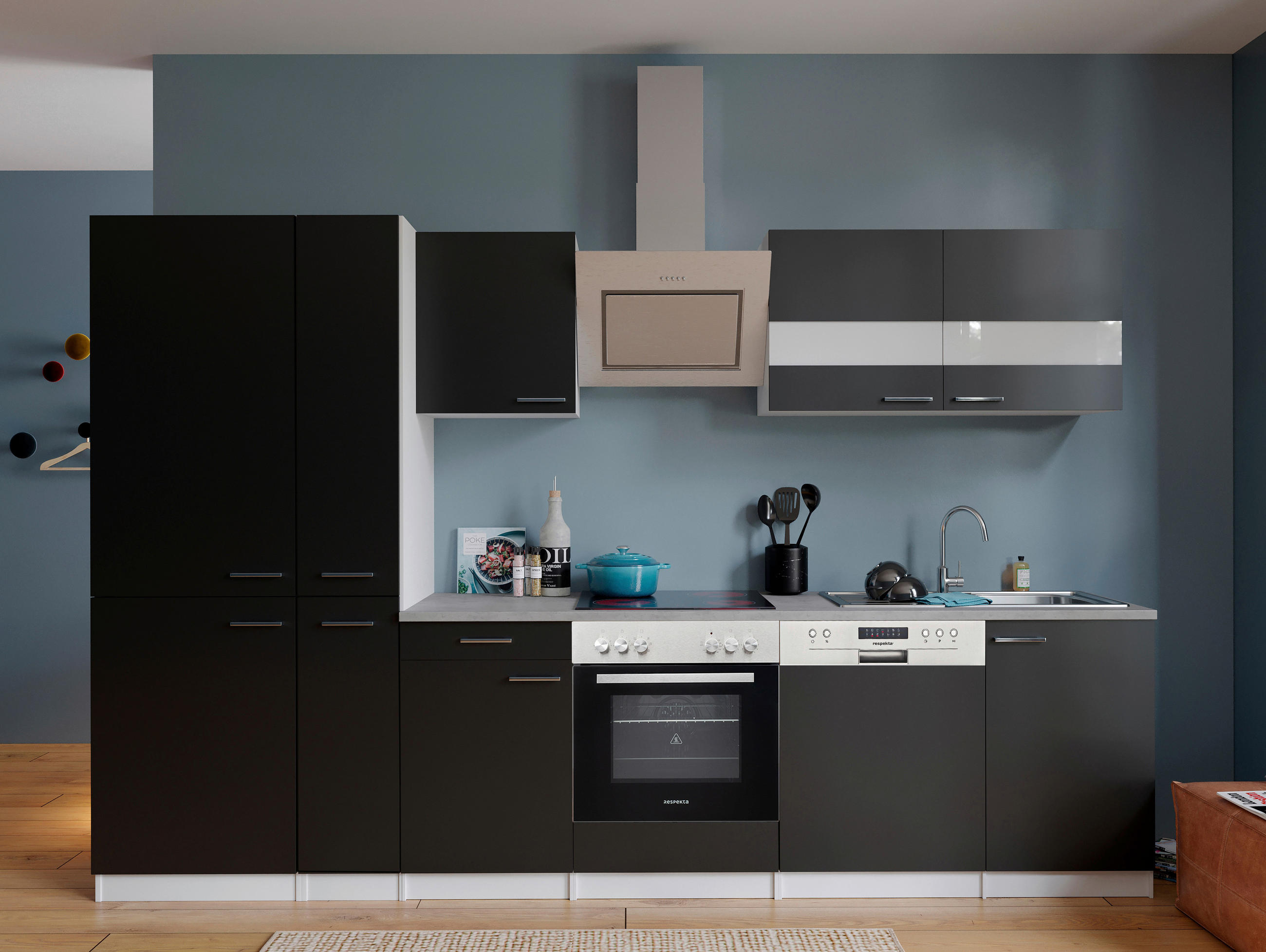 KÜCHENBLOCK 310 cm   in Schwarz  - Edelstahlfarben/Schwarz, Basics, Holzwerkstoff/Metall (310cm) - Respekta