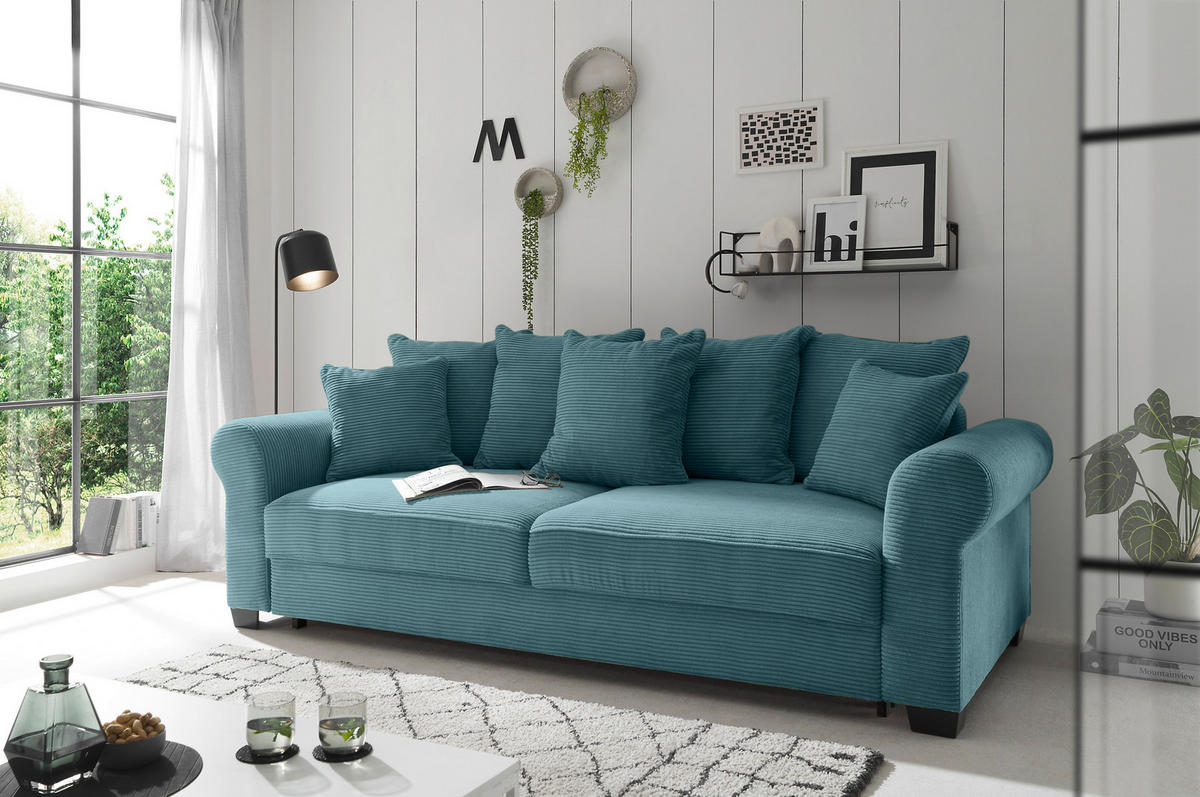 SCHLAFSOFA Cord Azurblau  - Azurblau/Schwarz, KONVENTIONELL, Kunststoff/Textil (247/95/125cm) - Hom`in