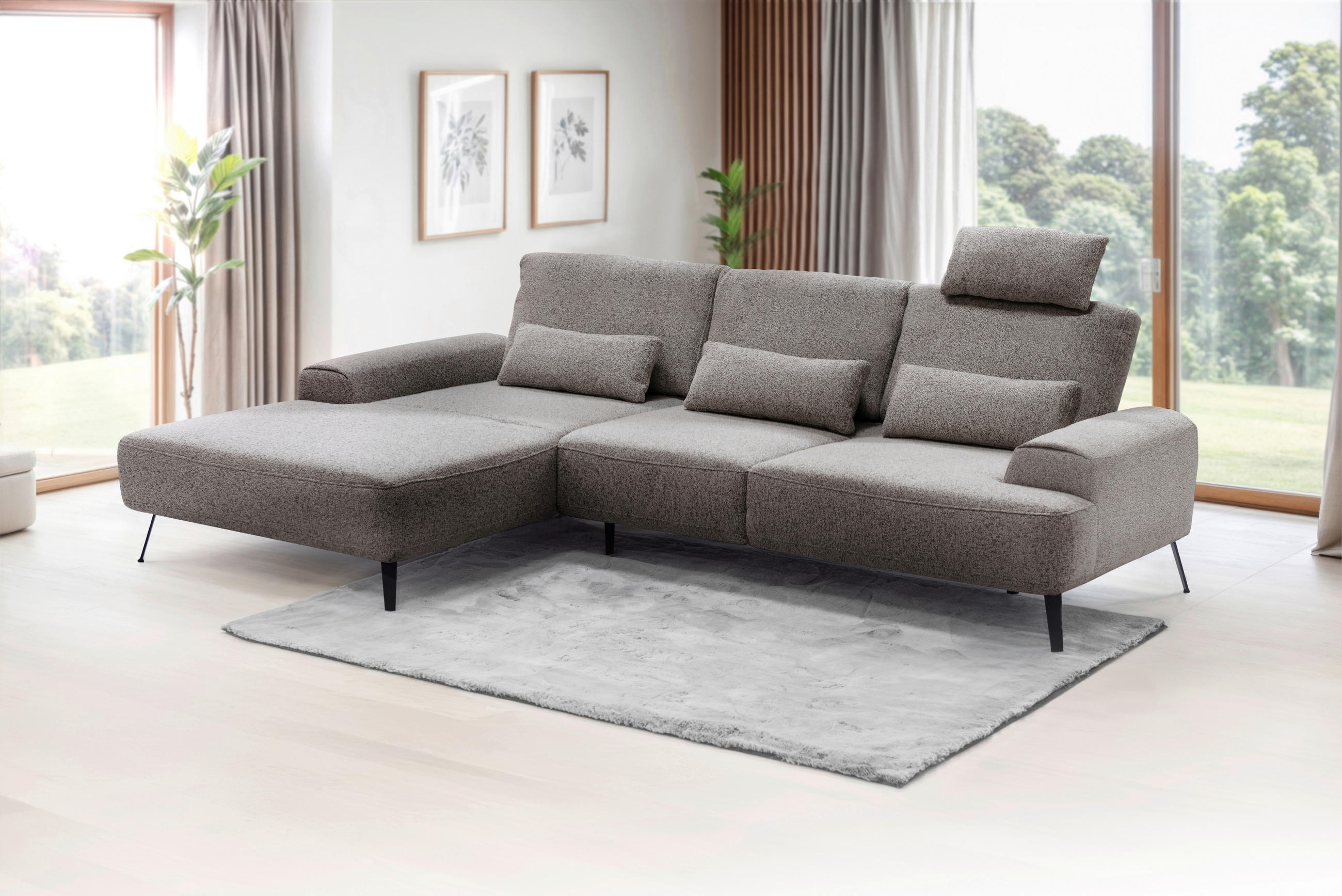 ECKSOFA Astoria Graubraun Flachgewebe  - Graubraun/Schwarz, Design, Textil/Metall (178/305cm) - Livetastic