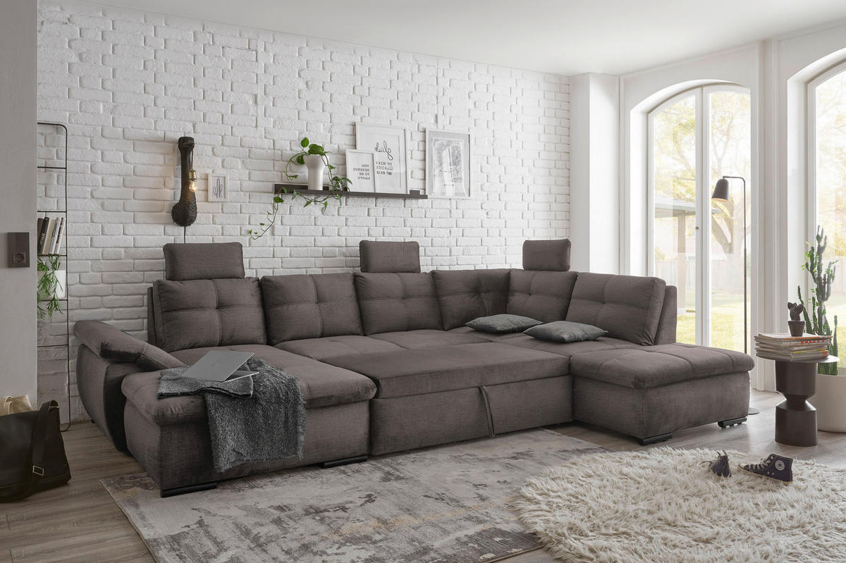 WOHNLANDSCHAFT Graubraun Mikrovelours  - Graubraun/Schwarz, KONVENTIONELL, Kunststoff/Textil (127/334/217cm) - Carryhome