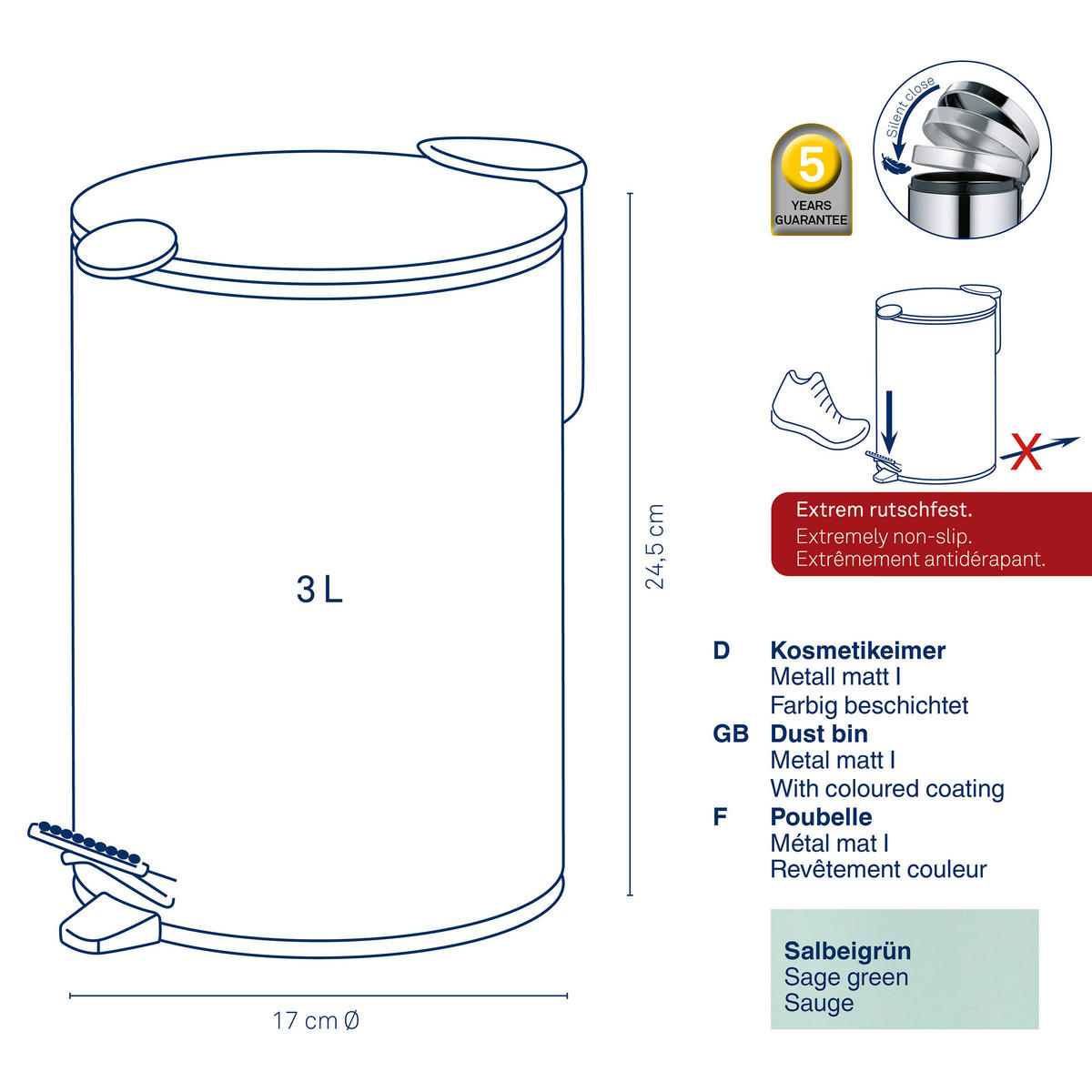 KOSMETIKEIMER 3 l  Metall  - Salbeigrün/Schwarz, Basics, Kunststoff/Metall (17,0/23,0cm) - Kela
