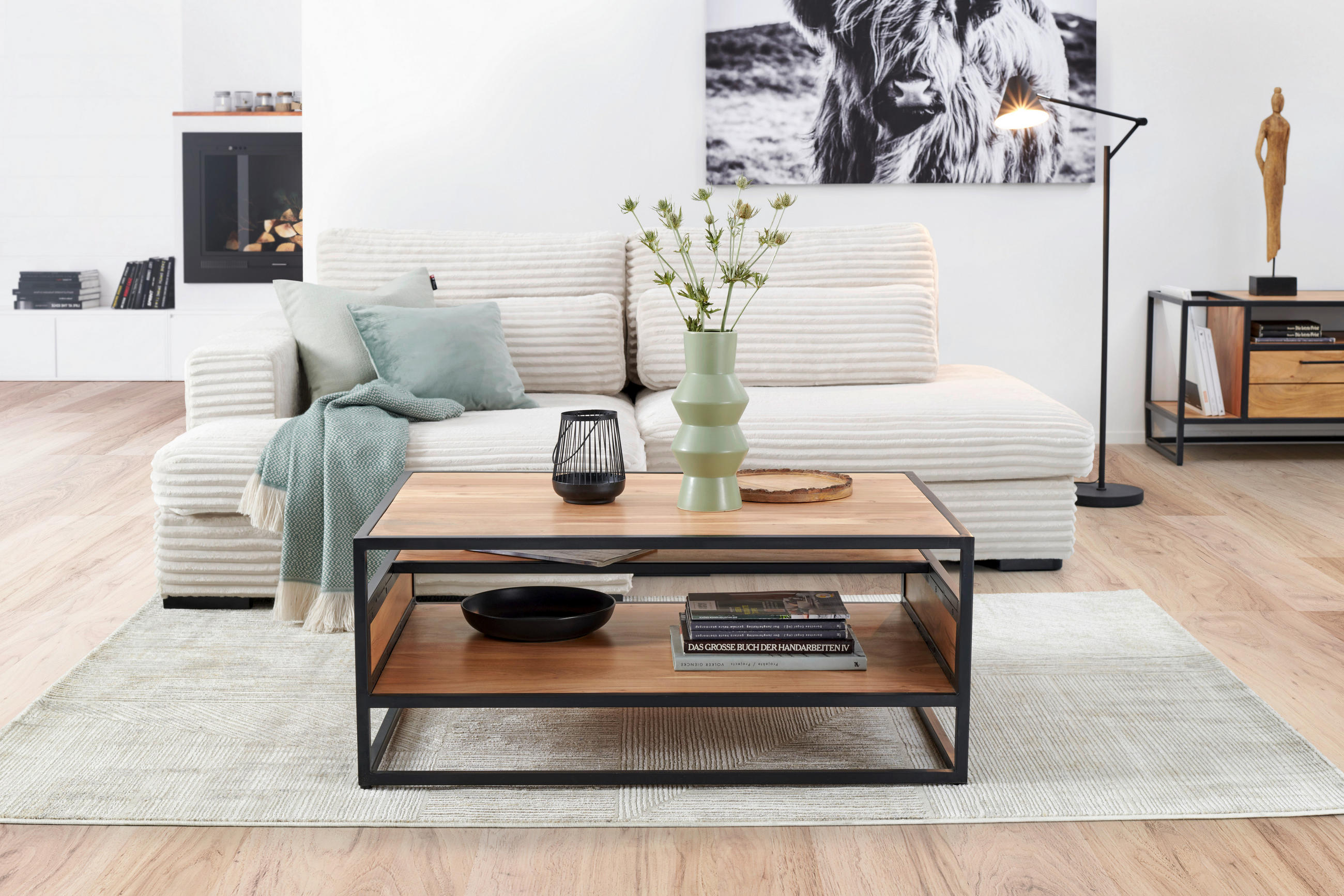 COUCHTISCH Akazie massiv 70/99/41 cm rechteckig Schwarz, Honig  - Schwarz/Honig, Design, Holz/Metall (70/99/41cm) - MID.YOU
