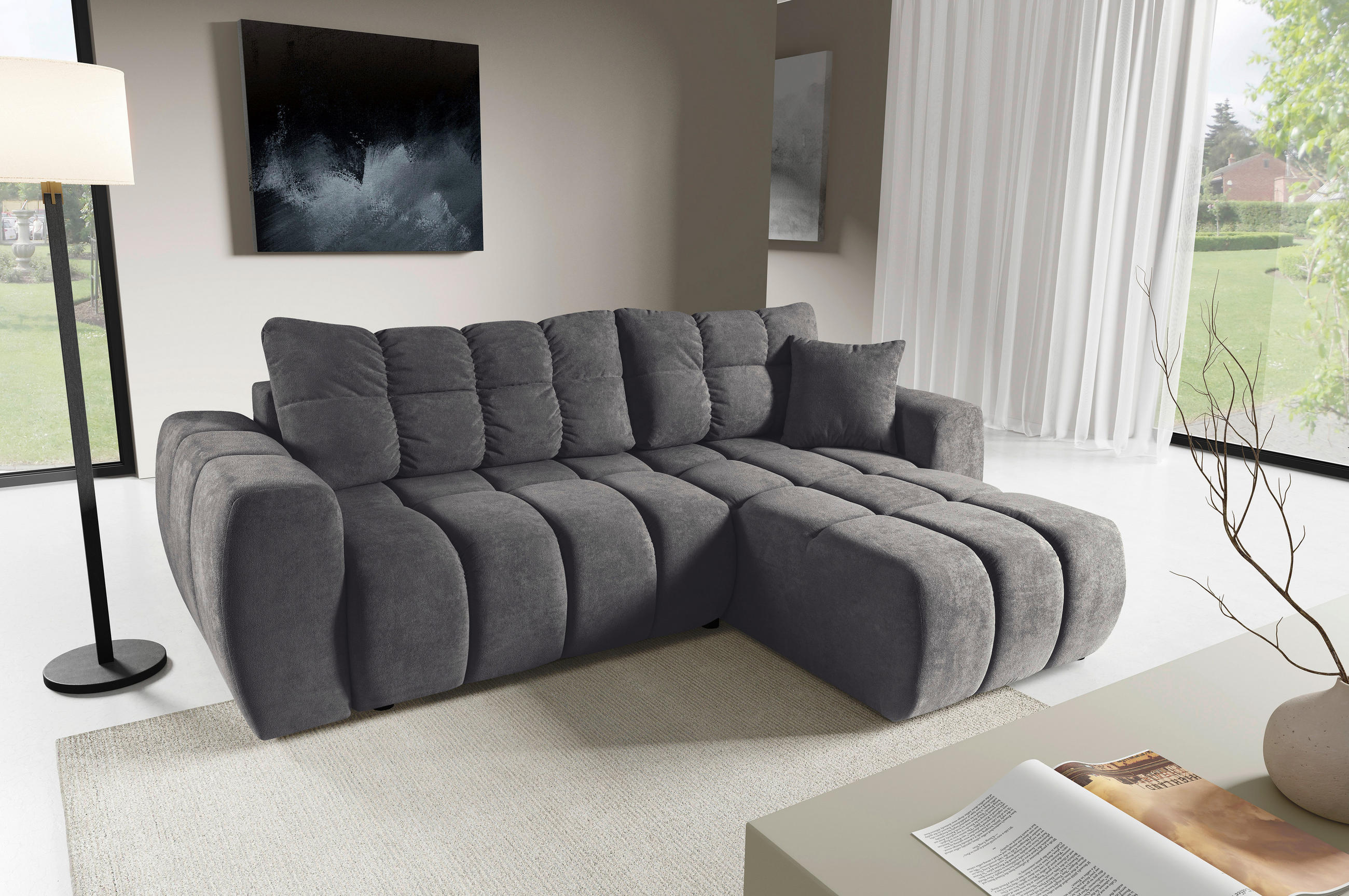 ECKSOFA FERANO Grau Velours  - Schwarz/Grau, Design, Kunststoff/Textil (253/172cm) - Livetastic