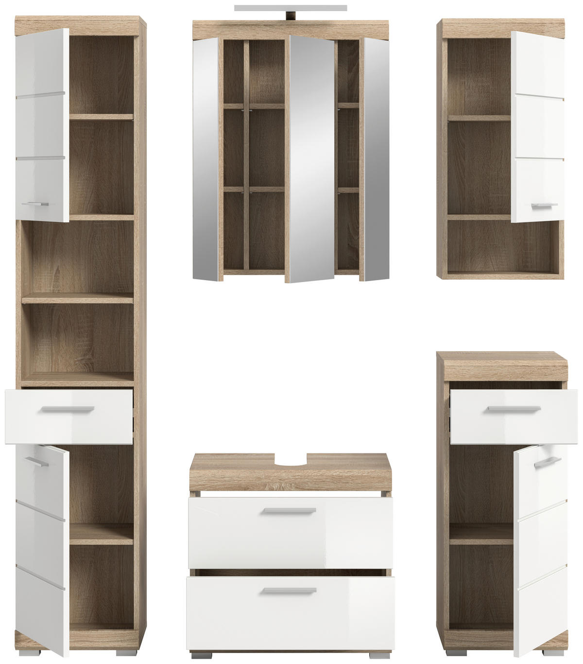 BADEZIMMER 5-teilig  in 134 cm  - Weiß Hochglanz/Silberfarben, MODERN, Glas/Holzwerkstoff (134cm) - MID.YOU