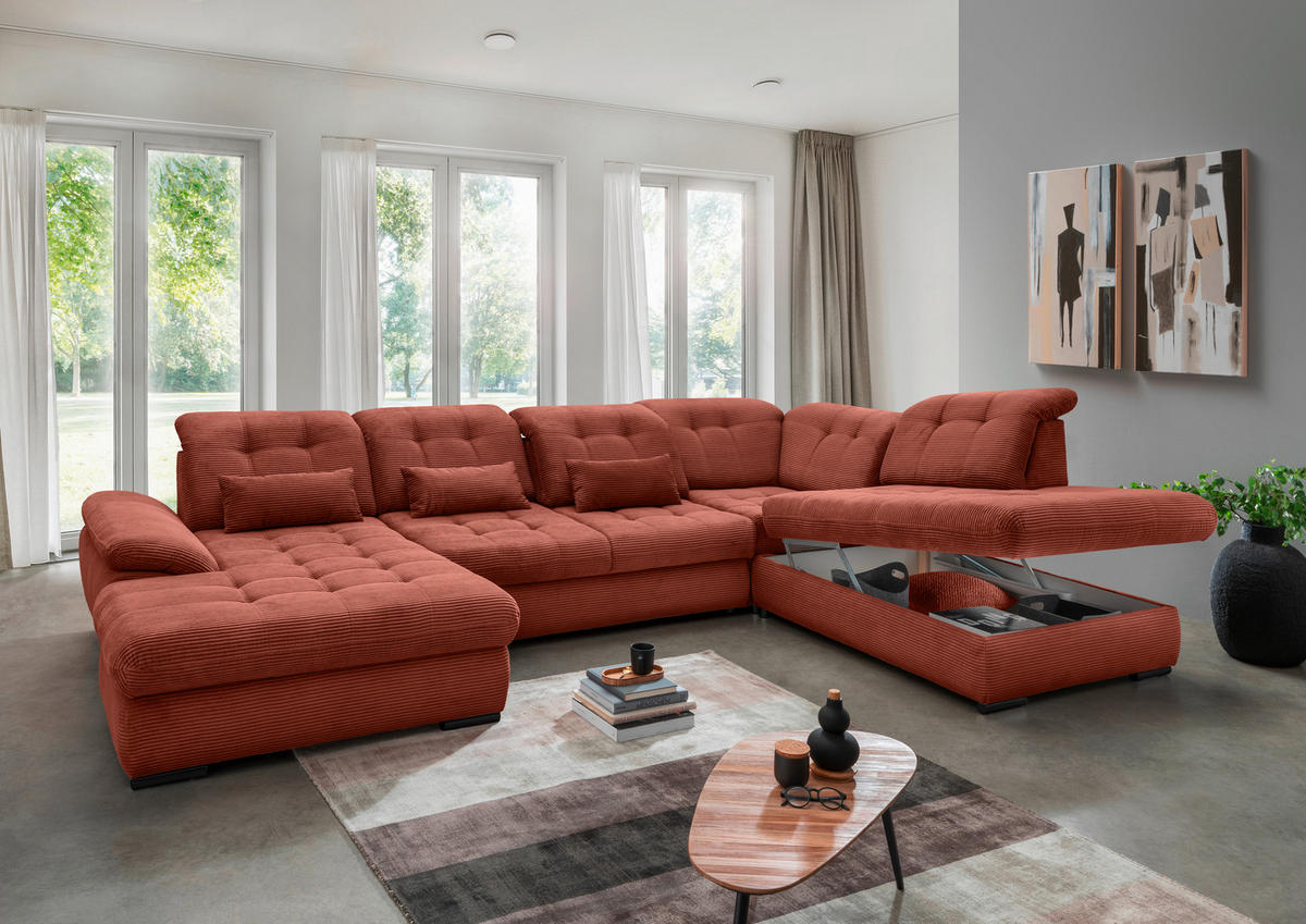 WOHNLANDSCHAFT in Cord Koralle  - Koralle/Schwarz, Modern, Textil/Metall (184/387/252cm) - Livetastic