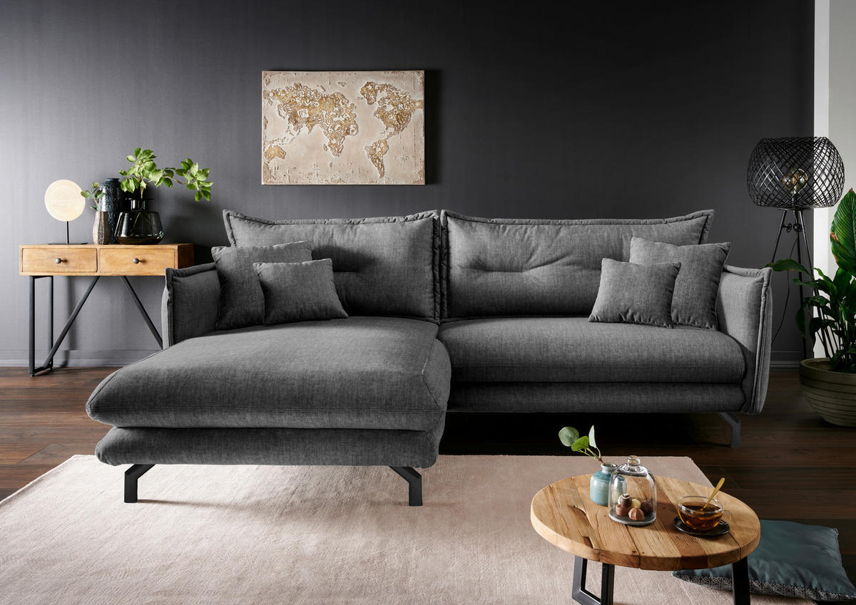 ECKSOFA in Velours Grau  - Türkis/Schwarz, Modern, Textil/Metall (180/255cm) - Livetastic