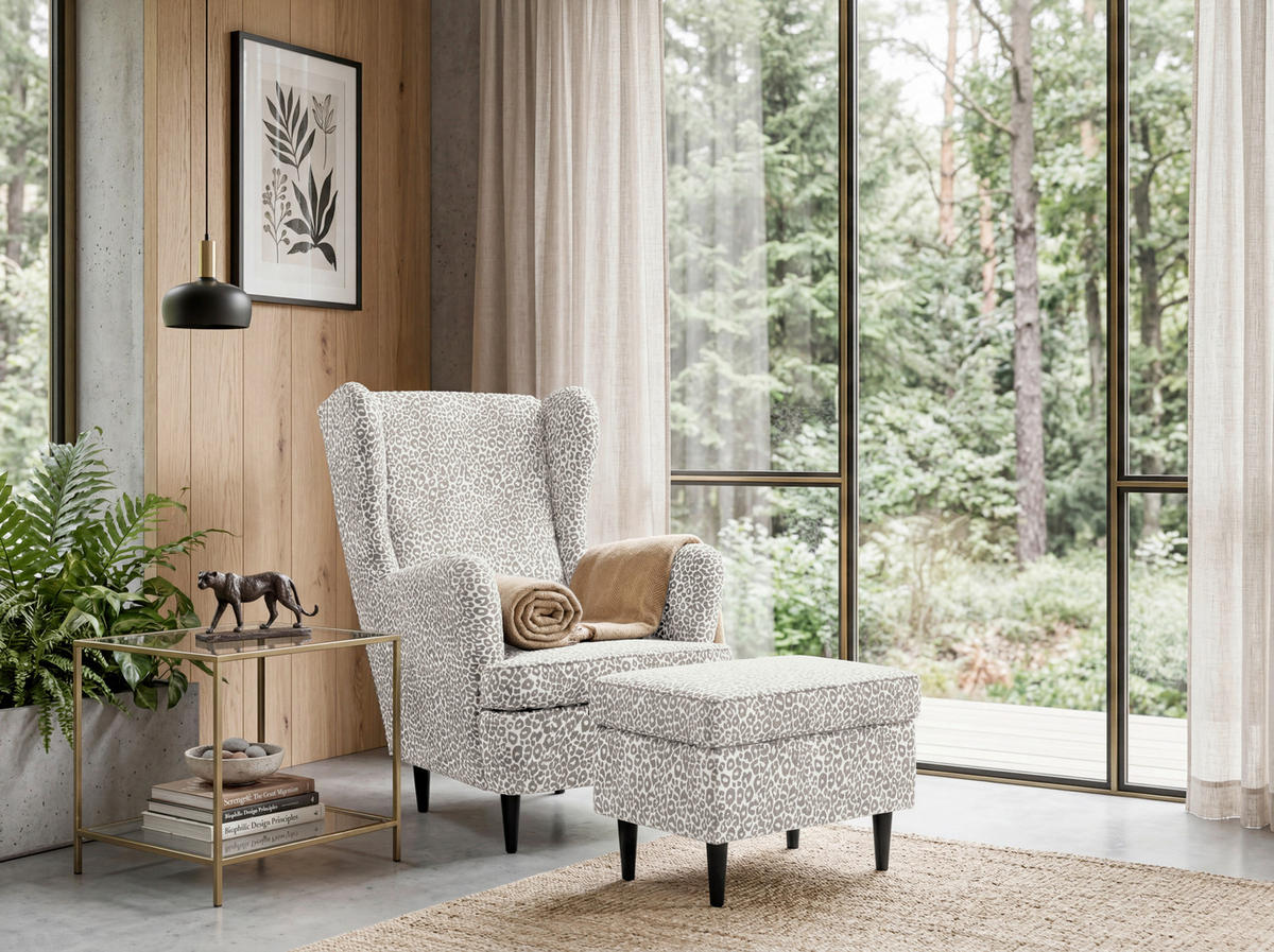 HOCKER LEO Jacquard, Webstoff Beige  - Beige/Schwarz, MODERN, Holz/Textil (63/43/42cm) - MID.YOU