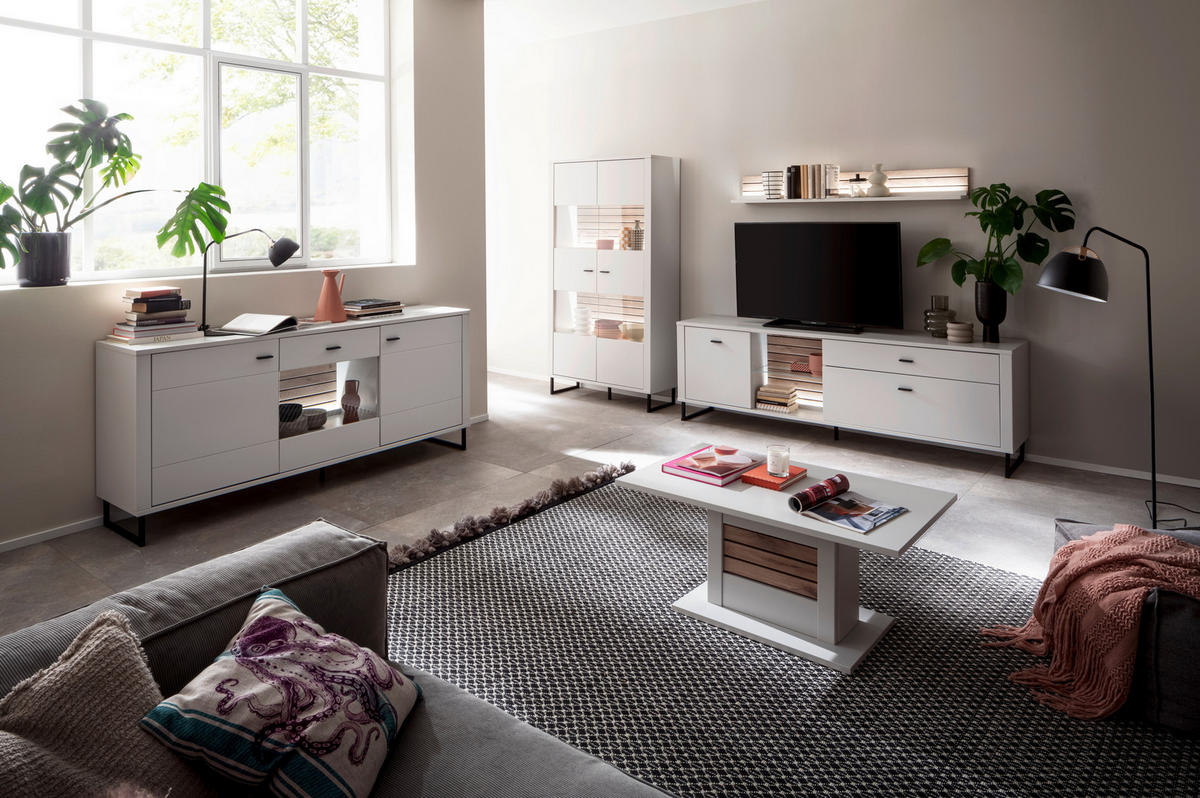 WOHNWAND  in Weiss, Eichefarben 326/185/44 cm  - Weiss/Eichefarben, Design, Glas/Holzwerkstoff (326/185/44cm) - Stylife