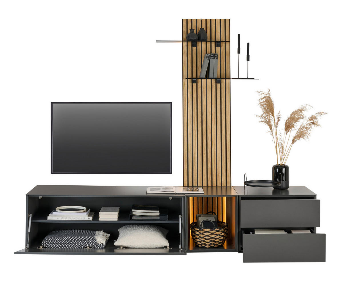 WOHNWAND  in Anthrazit, Eichefarben  221/160/50 cm  - Eichefarben/Anthrazit, Design, Glas/Holz (221/160/50cm) - Dieter Knoll