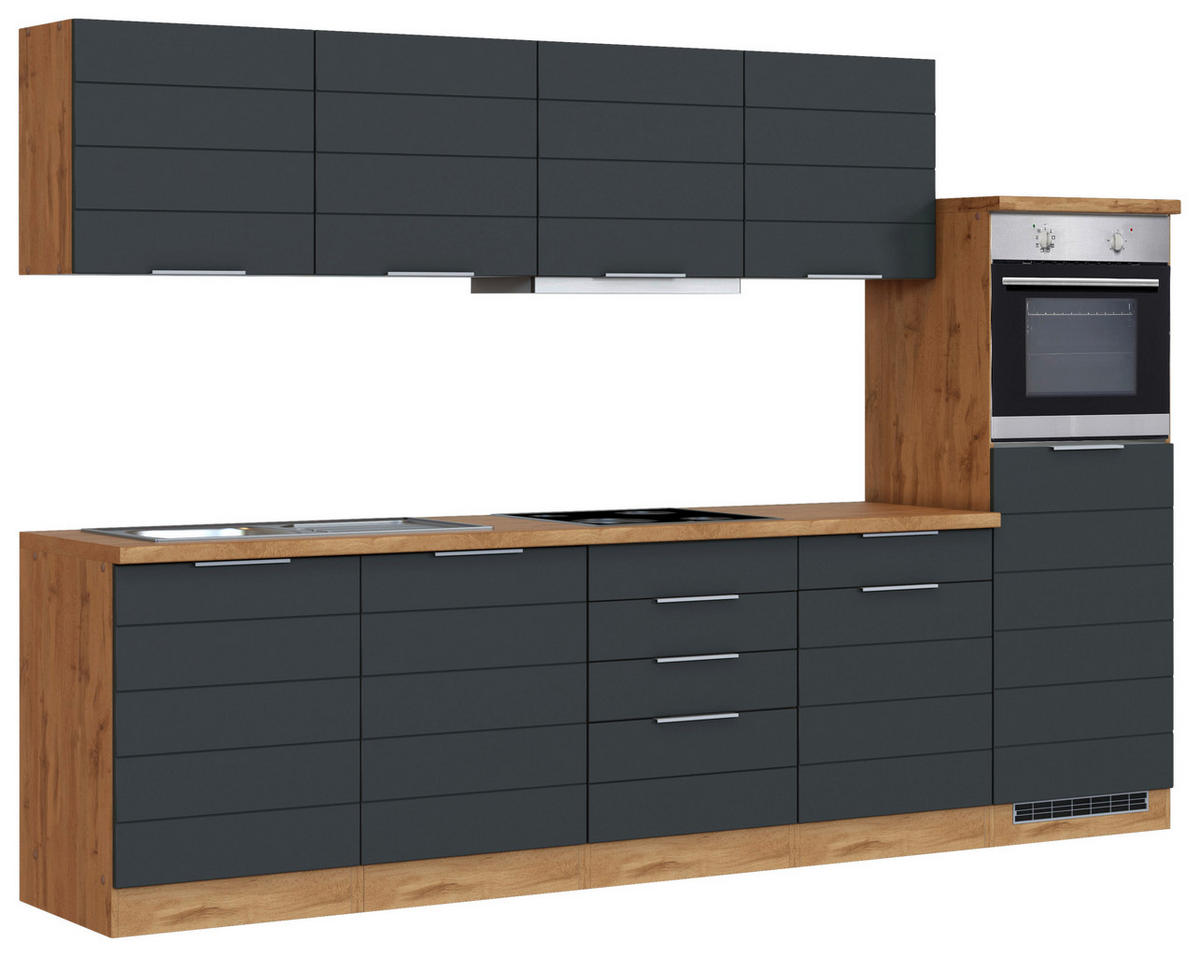 KÜCHENBLOCK 300 cm   in Grau, Eiche Wotan  - Eiche Wotan/Grau, Design, Holzwerkstoff/Metall (300cm) - Held