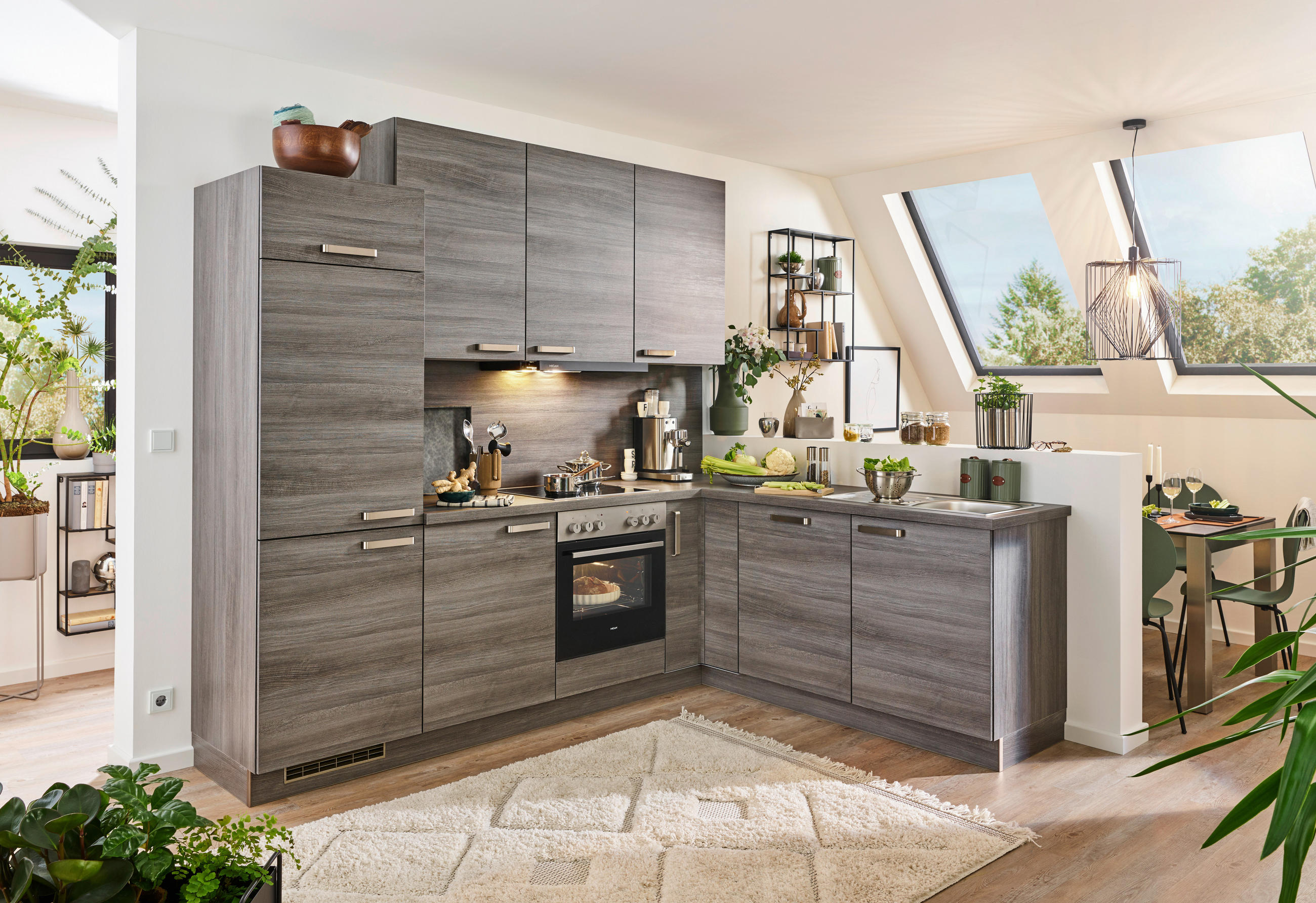 ECKKÜCHE PLAN 260/200 cm  in Eichefarben  - Edelstahlfarben/Eichefarben, Design, Holzwerkstoff/Metall (260/200cm) - Welnova