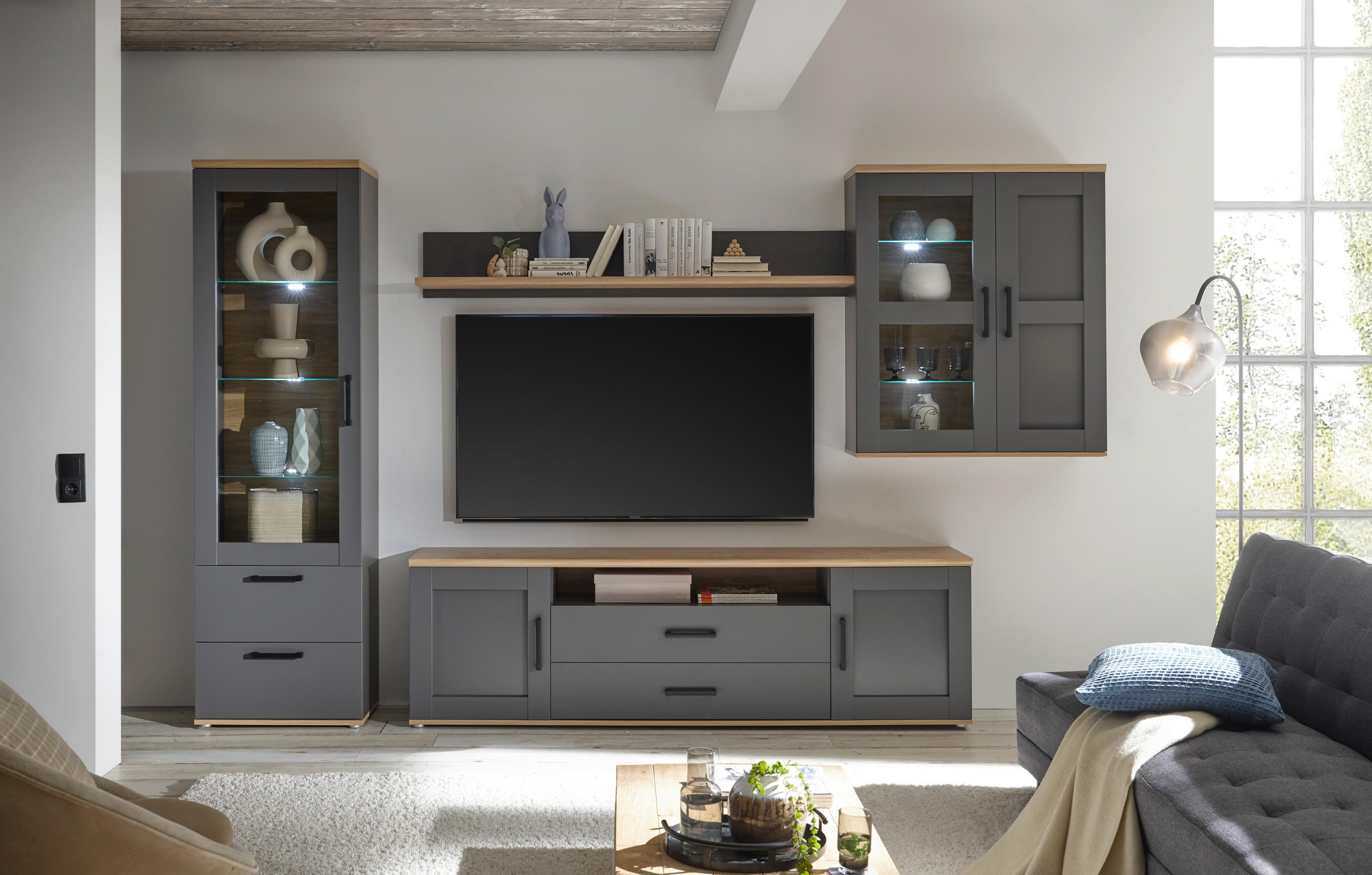 TV-ELEMENT siva, hrast artisan  - srebrne barve/siva, Trendi, umetna masa/leseni material (200/60/38cm) - Carryhome