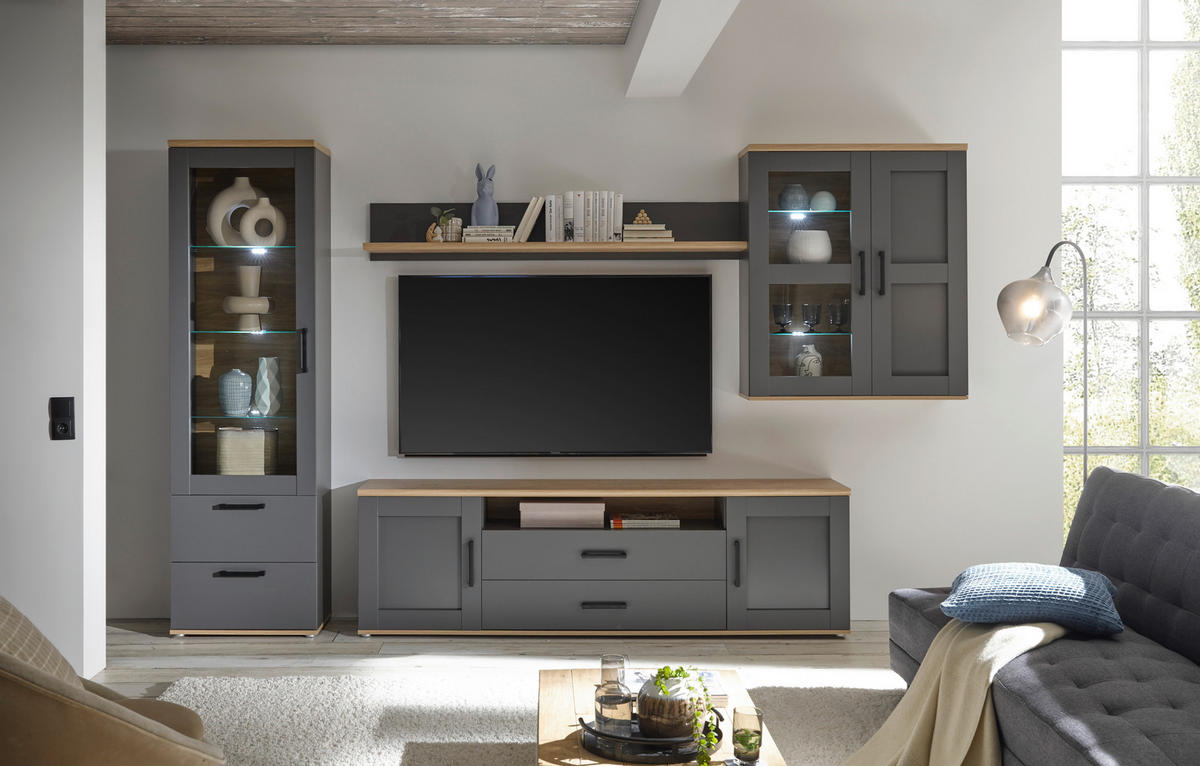 TV-ELEMENT siva, hrast artisan  - srebrne barve/siva, Trendi, umetna masa/leseni material (200/60/38cm) - Carryhome
