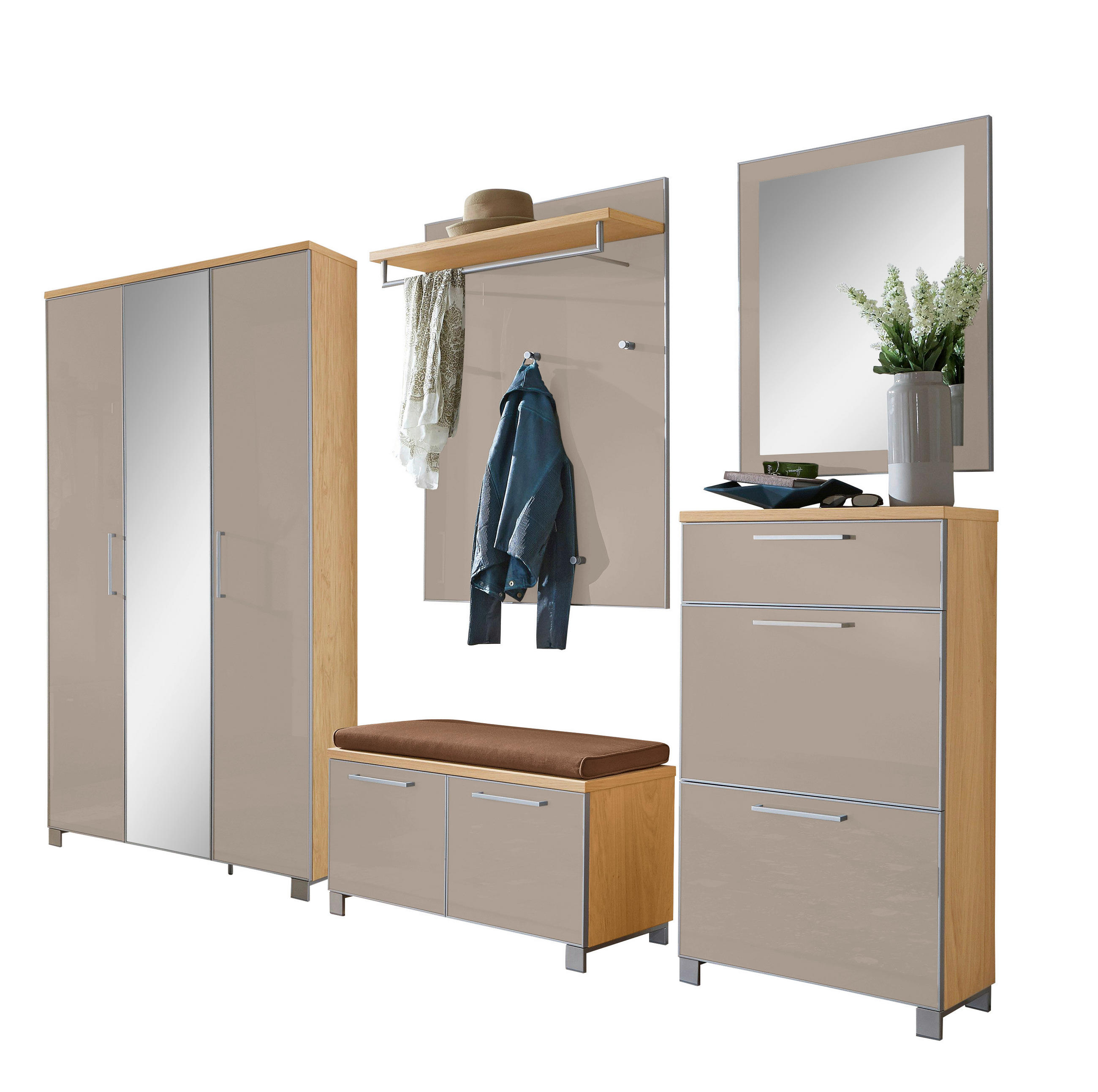 GARDEROBE 6-teilig in 245/195/40 cm - Taupe/Eichefarben, Design, Glas/Holz (245/195/40cm)