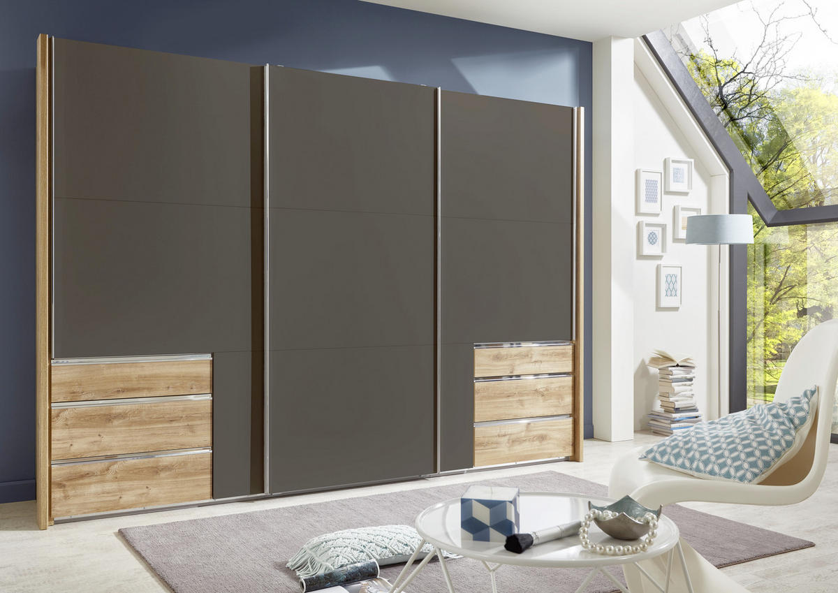 SCHWEBETÜRENSCHRANK in Graphitfarben, Eichefarben  - Chromfarben/Eichefarben, Modern, Holzwerkstoff/Metall (300/216/65cm) - MID.YOU