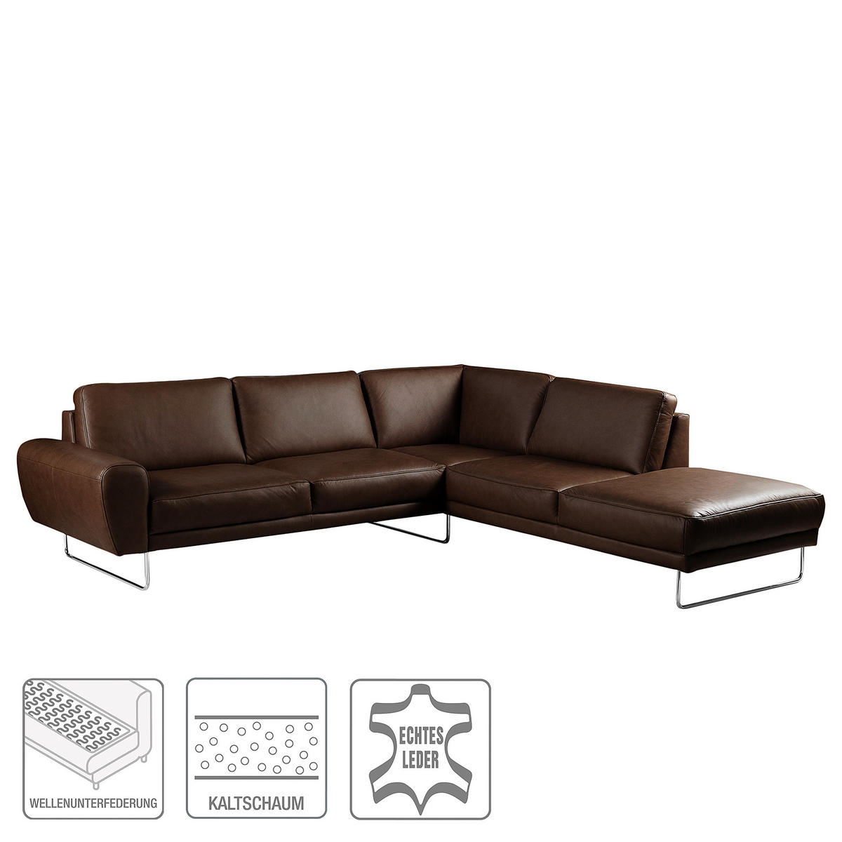 ECKSOFA in Echtleder Dunkelbraun  273/250 cm  - Chromfarben/Dunkelbraun, Design, Leder/Metall (273/250cm) - Livetastic