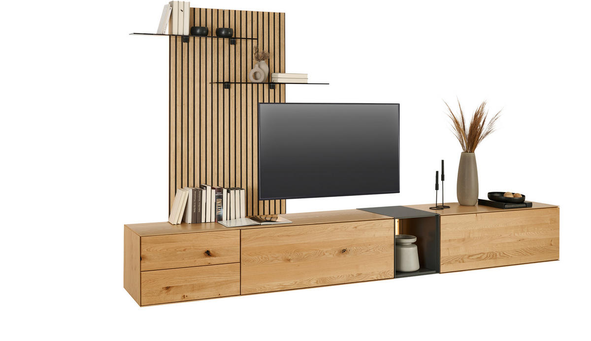 WOHNWAND  in Anthrazit, Eichefarben  342/160/50 cm  - Eichefarben/Anthrazit, Design, Glas/Holz (342/160/50cm) - Dieter Knoll