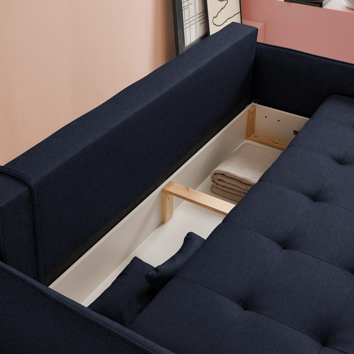 SCHLAFSOFA  in Struktur Dunkelblau  - Buchefarben/Dunkelblau, Design, Holz/Textil (217/97/101cm) - Carryhome