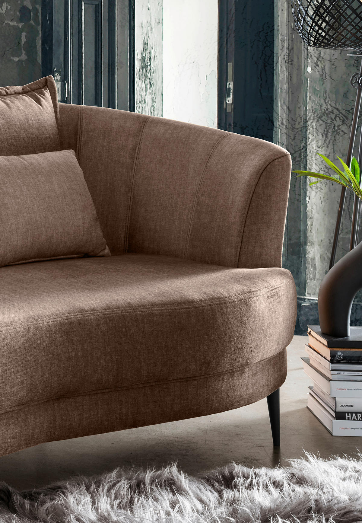 OTTOMANE in Velours Hellbraun  - Hellbraun/Schwarz, Modern, Textil/Metall (211/85/102cm) - Livetastic