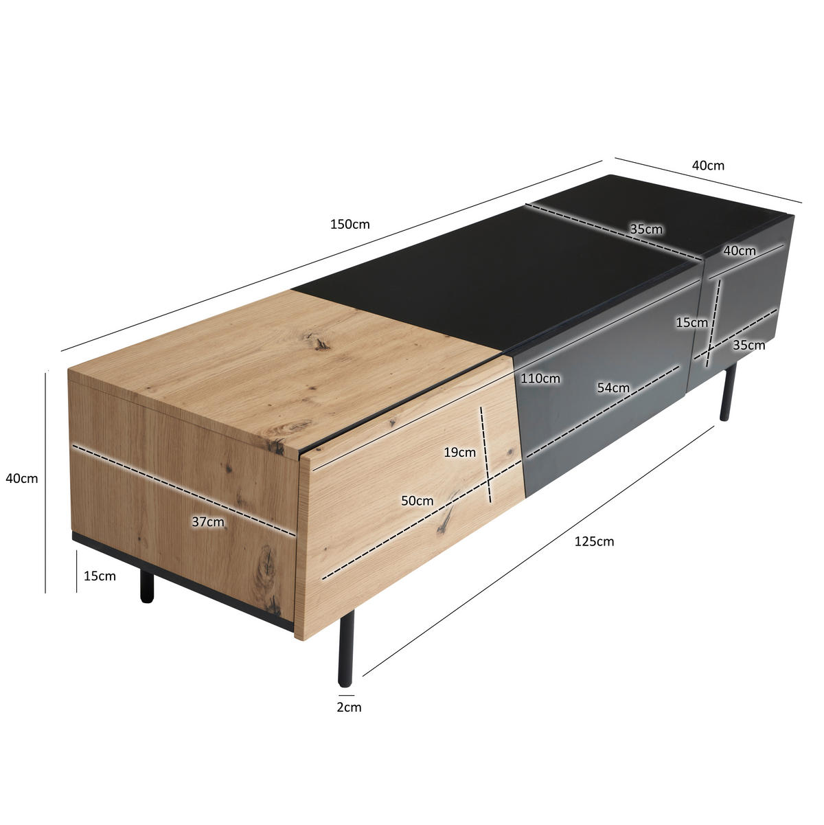 LOWBOARD  in 150/40/40 cm  - Eichefarben/Schwarz, Design, Holzwerkstoff/Metall (150/40/40cm) - Livetastic