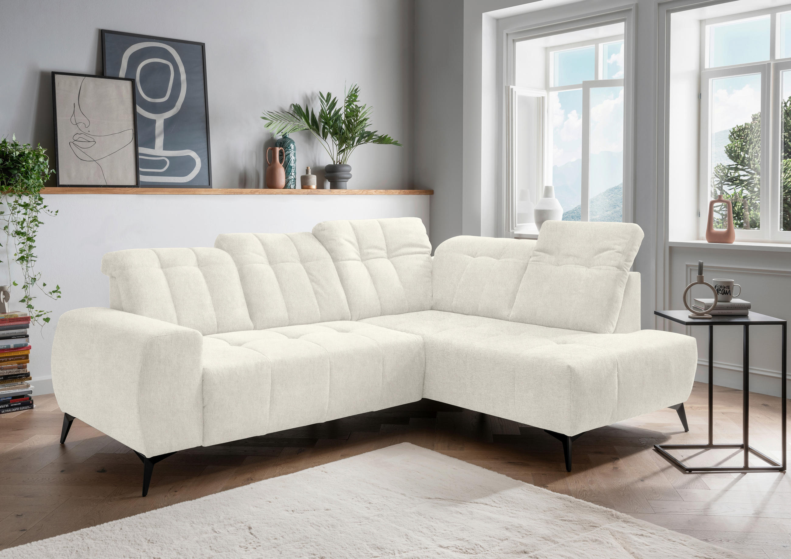 ECKSOFA in Mikrofaser Creme  - Creme/Schwarz, MODERN, Textil/Metall (261/200cm) - Livetastic