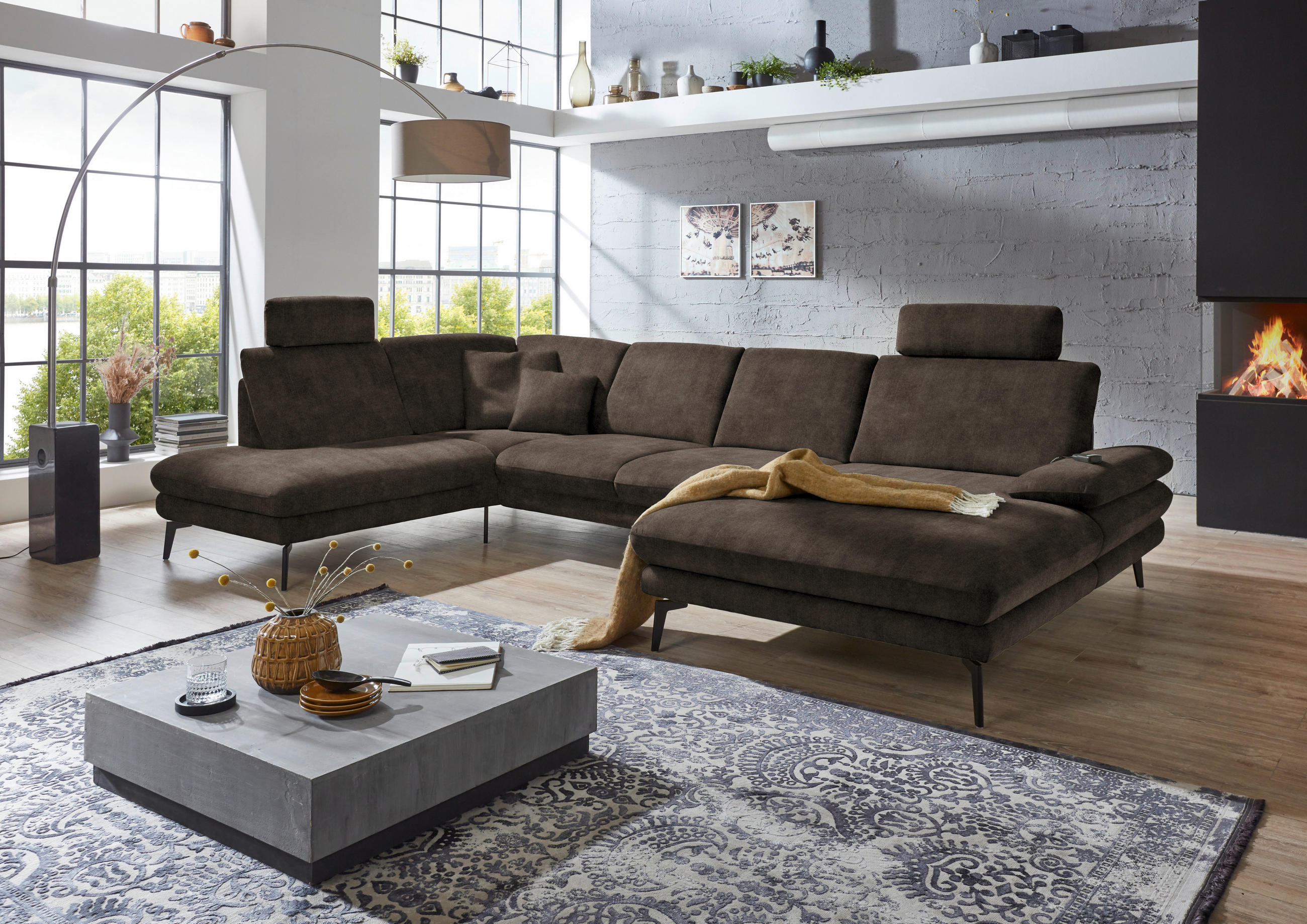 WOHNLANDSCHAFT in Velours Dunkelbraun  - Dunkelbraun/Schwarz, Design, Textil/Metall (208/344/180cm) - Dieter Knoll