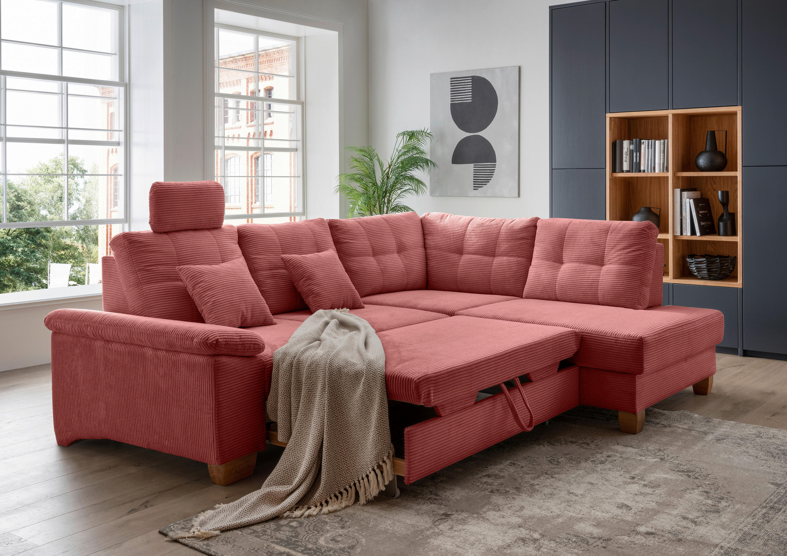 ECKSOFA in Cord Koralle  - Koralle/Naturfarben, Modern, Holz/Textil (274/206cm) - Livetastic