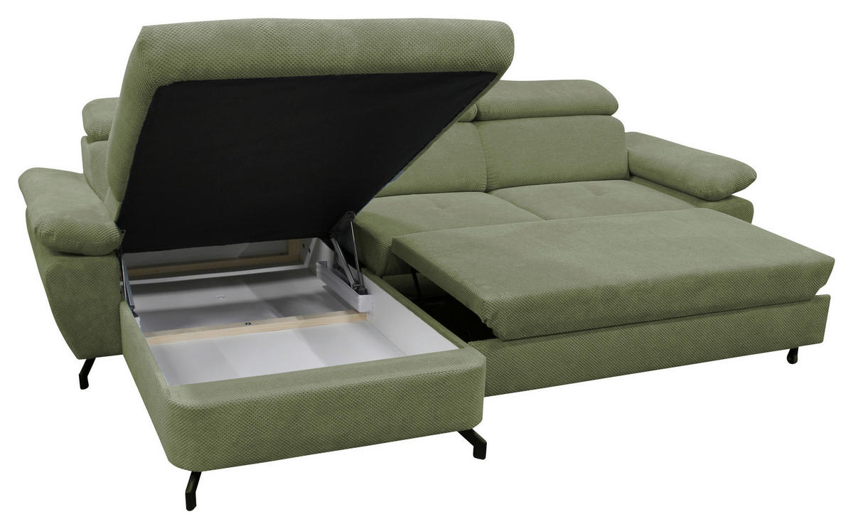 ECKSOFA OMEGA Grün Chenille Zierkissen, Bettkasten  - Schwarz/Grün, Design, Textil/Metall (186/280cm) - MID.YOU