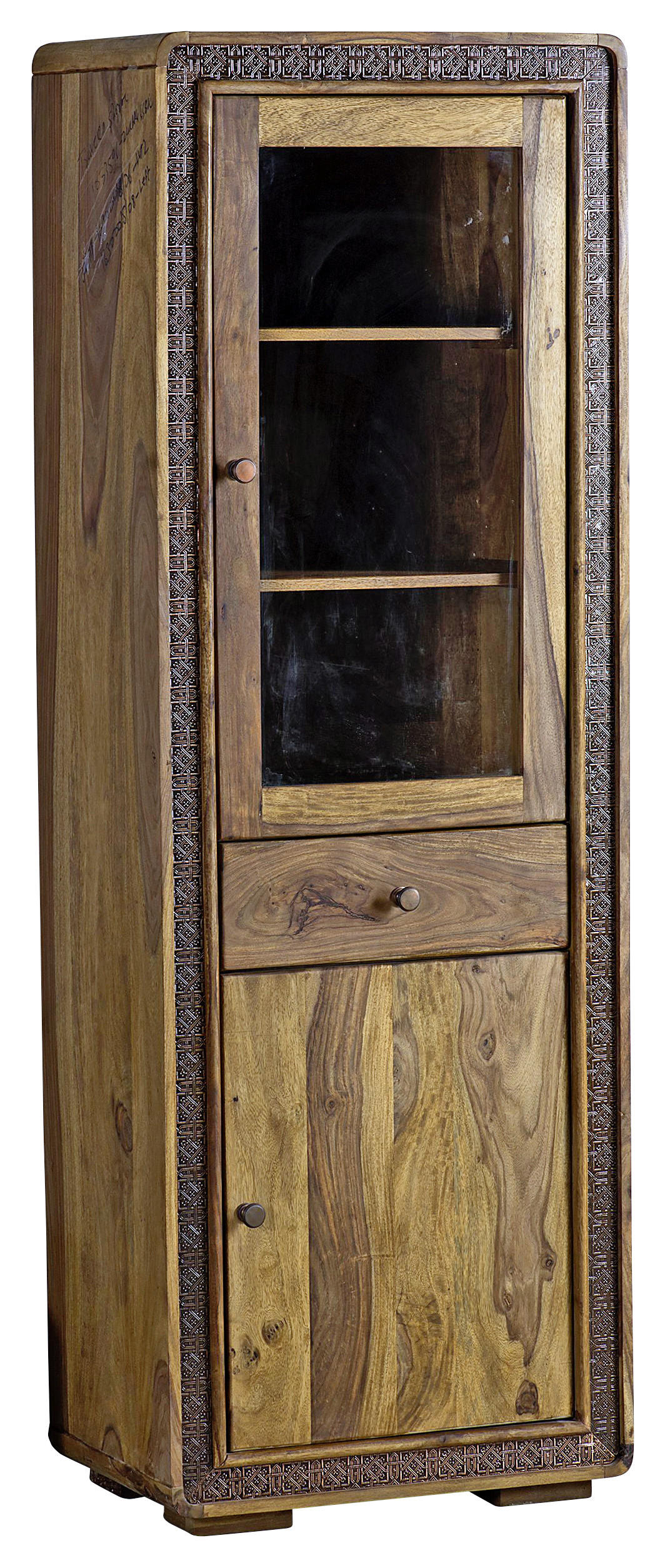 Vitrine in teilmassiv Akazie Sheeshamfarben, Kupferfarben