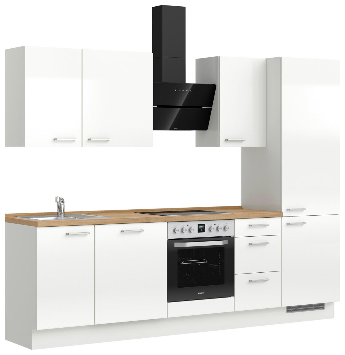 KÜCHENBLOCK Flash 270 cm  in Eichefarben, Weiß Hochglanz  - Edelstahlfarben/Eichefarben, MODERN, Holzwerkstoff/Metall (270cm) - Nobilia