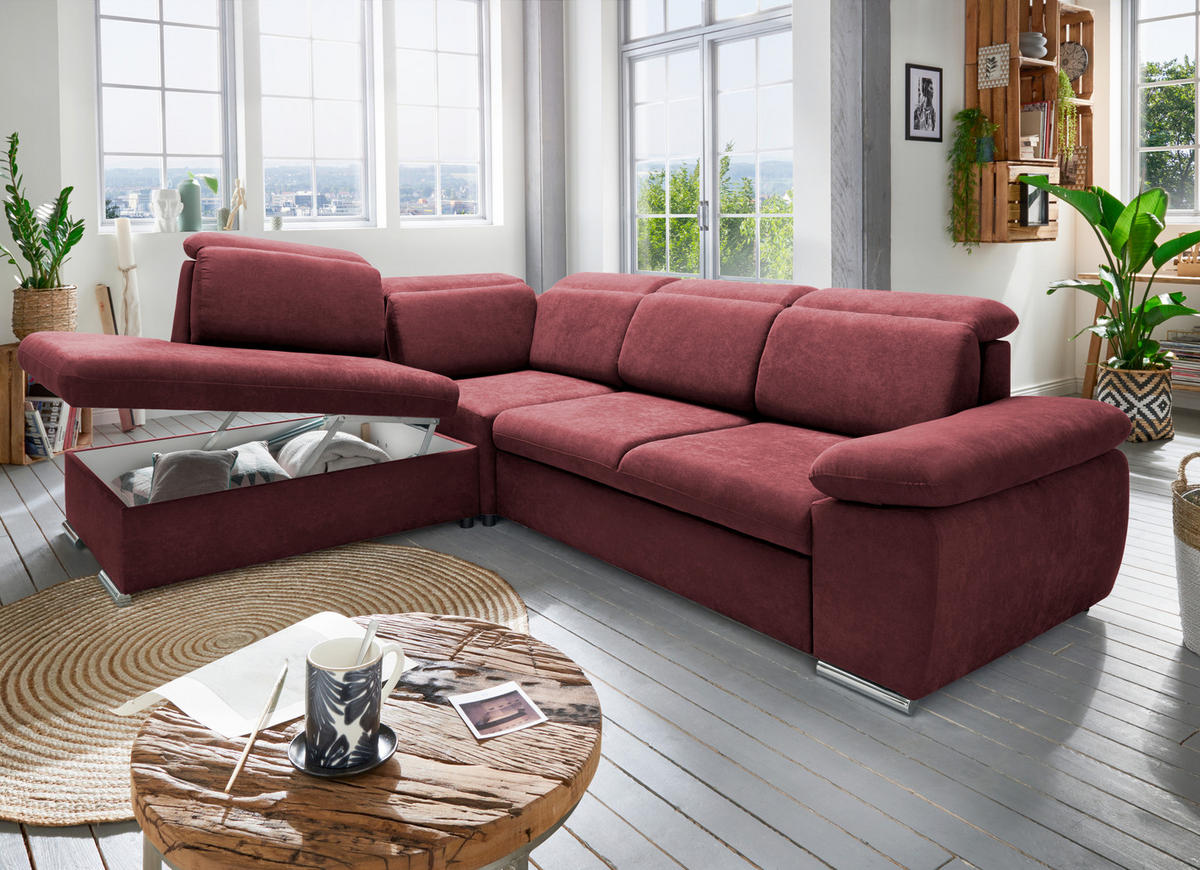 ECKSOFA Bordeaux Mikrofaser  - Chromfarben/Bordeaux, Design, Textil/Metall (228/283cm) - Livetastic
