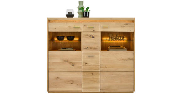 HIGHBOARD furniert, massiv Eichefarben Beleuchtung, Einlegeböden  - Eichefarben/Schwarz, Natur, Glas/Holz (153,8/133,5/37cm) - Linea Natura