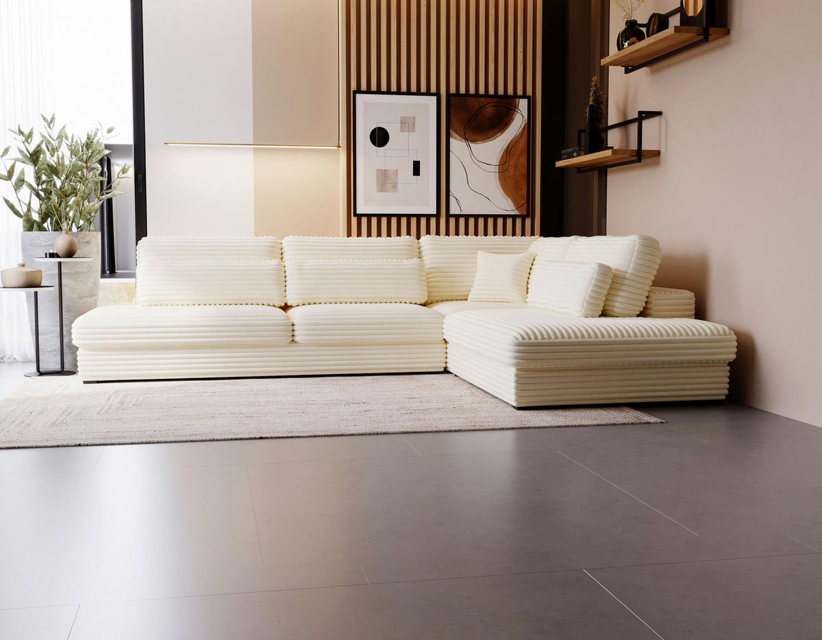 ECKSOFA in Cord, Plüsch Beige  - Beige/Schwarz, Design, Kunststoff/Textil (332/244cm) - Livetastic