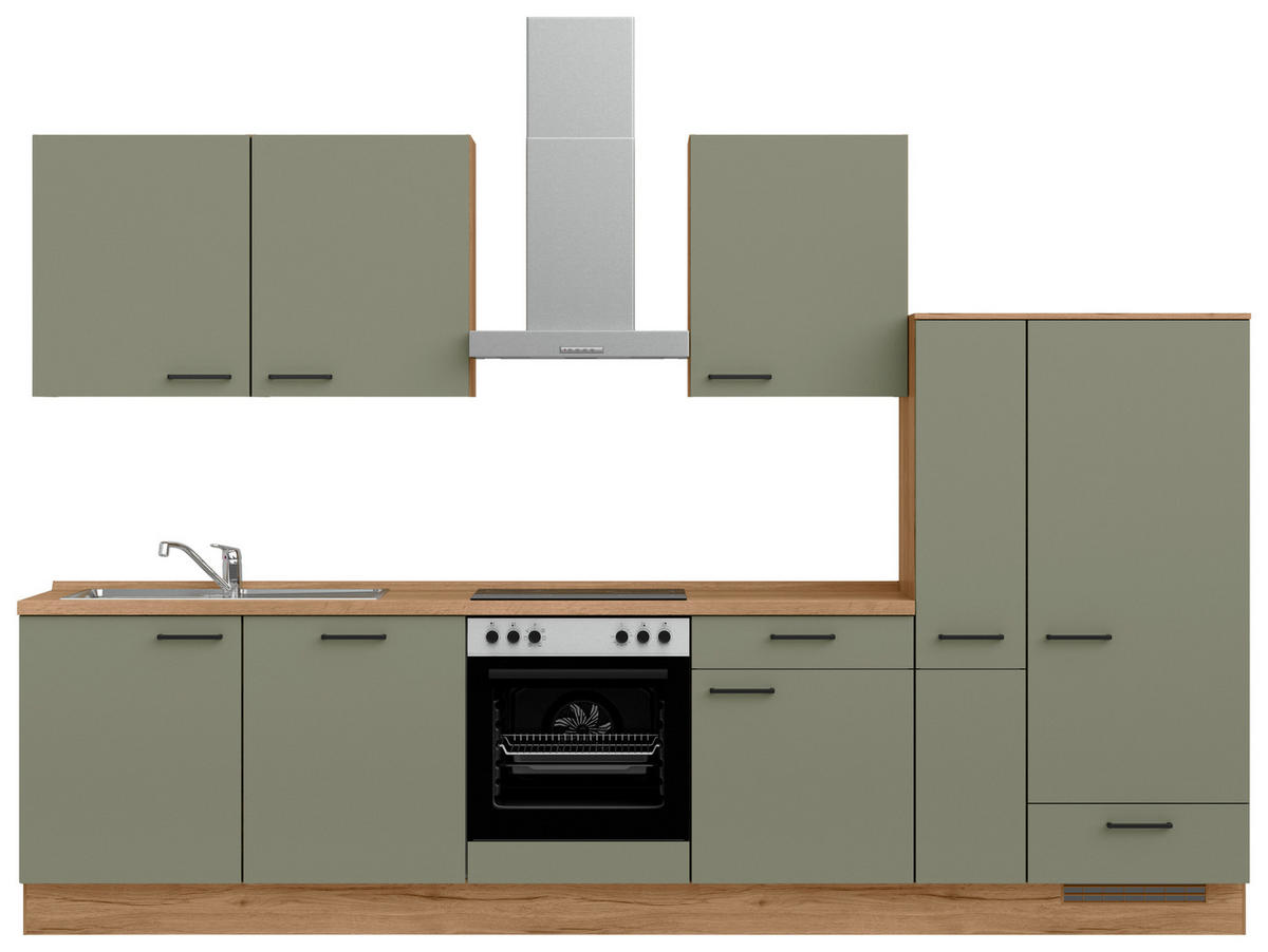 KÜCHENLEERBLOCK Senso 330 cm  in Eichefarben, Olivgrün  - Eichefarben/Schwarz, MODERN, Holzwerkstoff/Metall (330cm) - Nobilia
