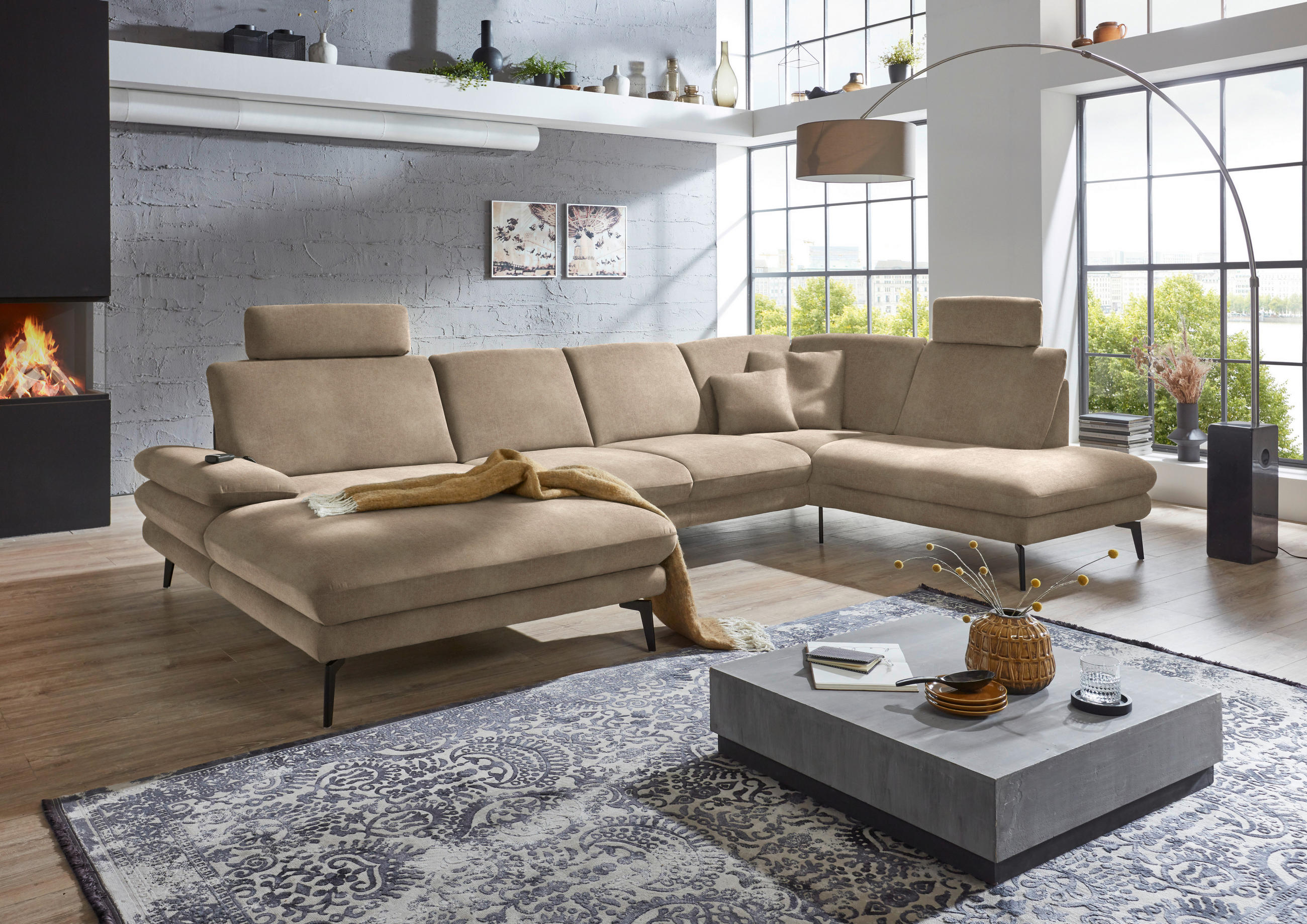 WOHNLANDSCHAFT in Velours Hellbraun  - Hellbraun/Schwarz, Design, Textil/Metall (180/344/208cm) - Dieter Knoll