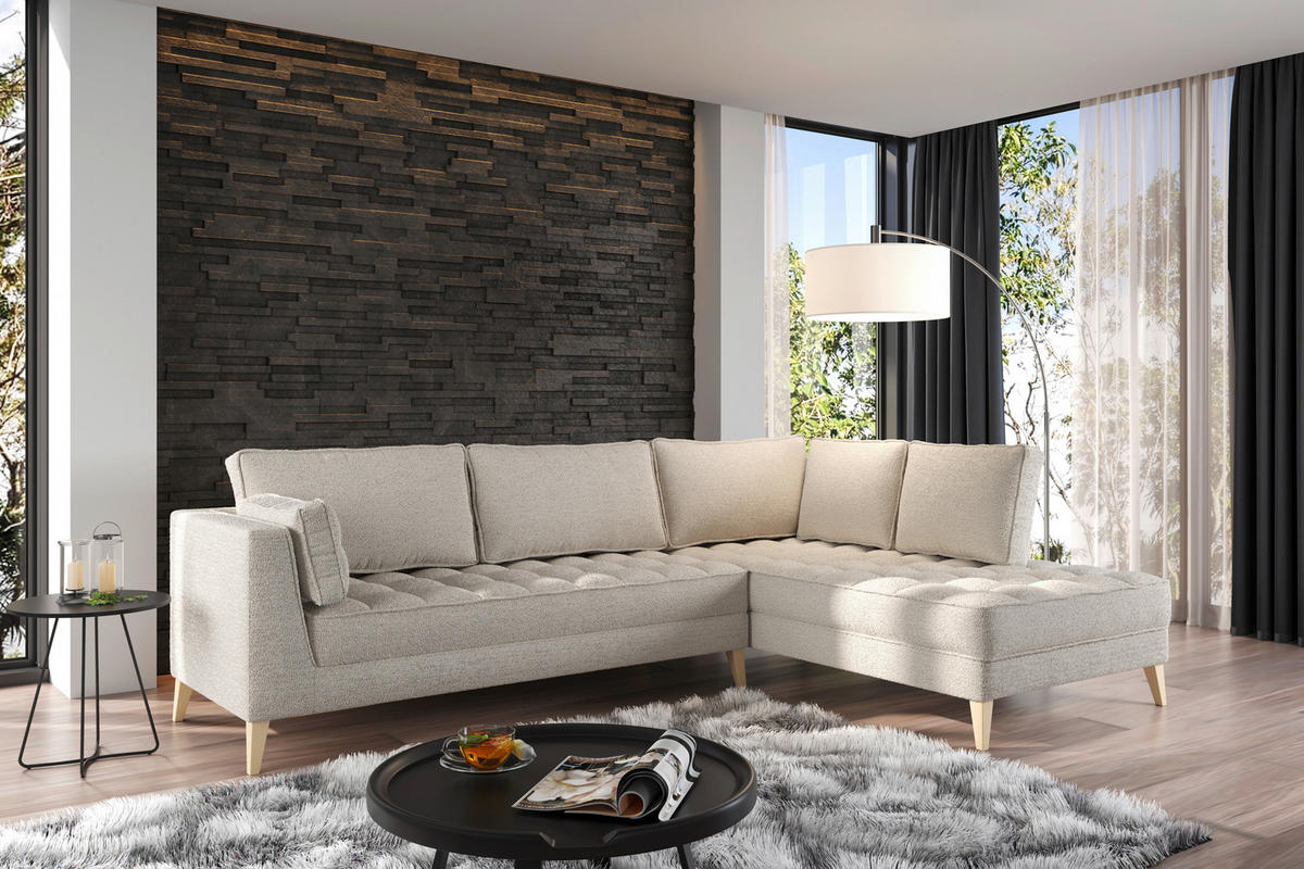 ECKSOFA Weiß Bouclé  - Naturfarben/Weiß, Design, Holzwerkstoff/Textil (310/204cm) - MID.YOU