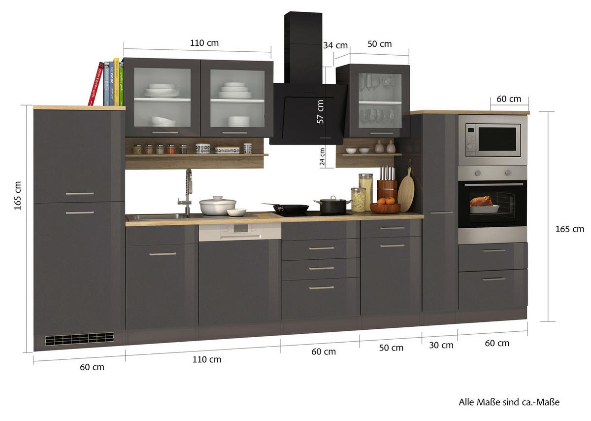 KÜCHENBLOCK 370 cm   in Graphitfarben  - Silberfarben/Graphitfarben, MODERN, Glas/Holzwerkstoff (370cm) - Held