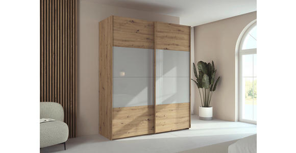 SCHWEBETÜRENSCHRANK 181/223/68 cm 2-türig Eiche Artisan, Seidengrau  - Eichefarben/Seidengrau, Design, Glas/Holzwerkstoff (181/223/68cm) - Xora