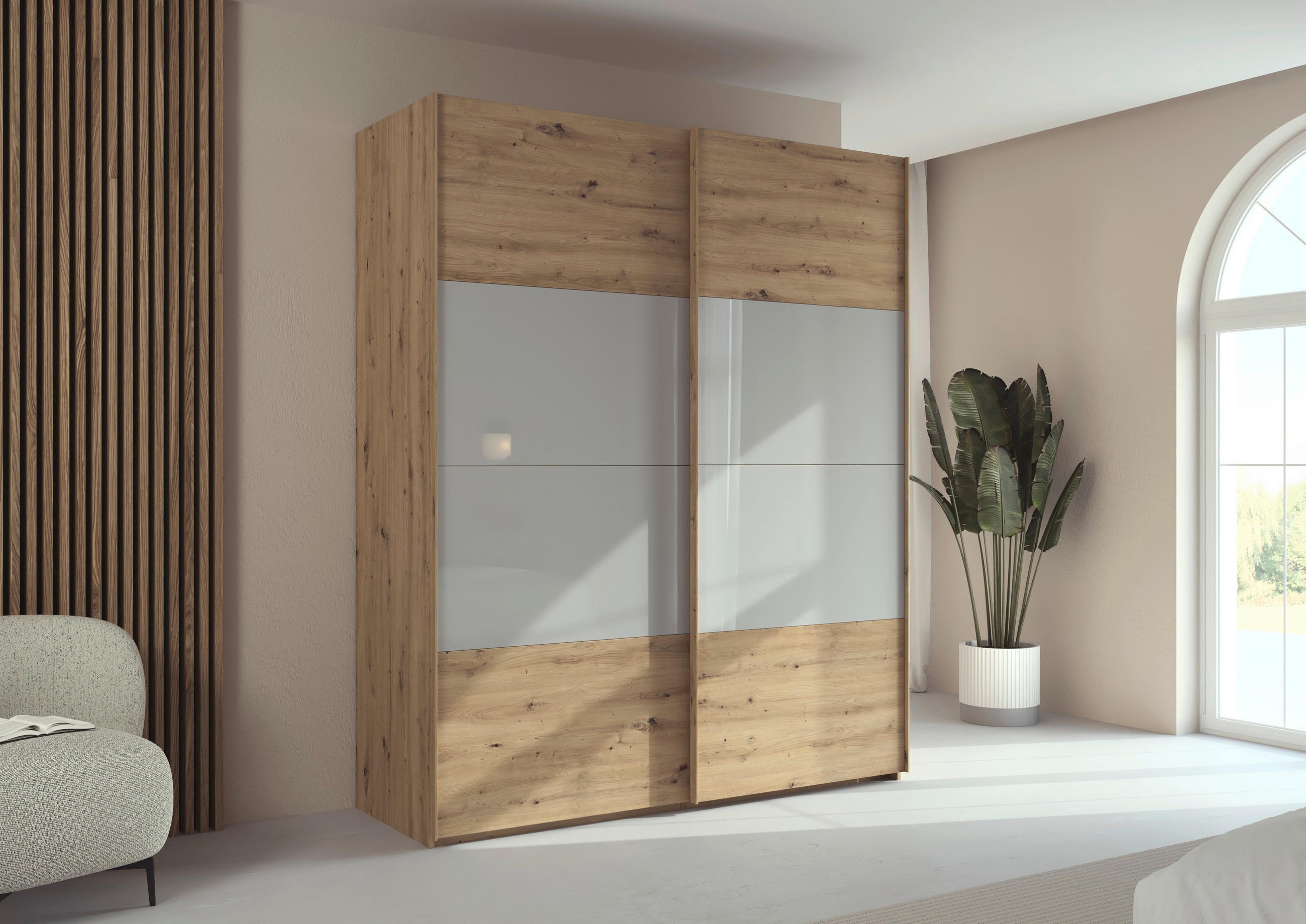 SCHWEBETÜRENSCHRANK - Eichefarben/Seidengrau, Design, Glas/Holzwerkstoff (181/223/68cm) - Xora