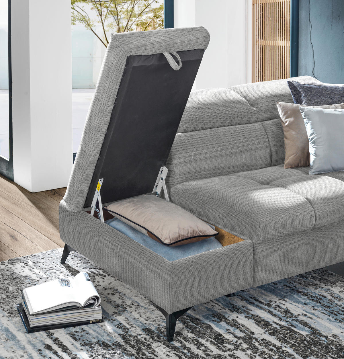 ECKSOFA in Mikrofaser Hellgrau  - Hellgrau/Schwarz, Design, Kunststoff/Textil (210/279cm) - Livetastic