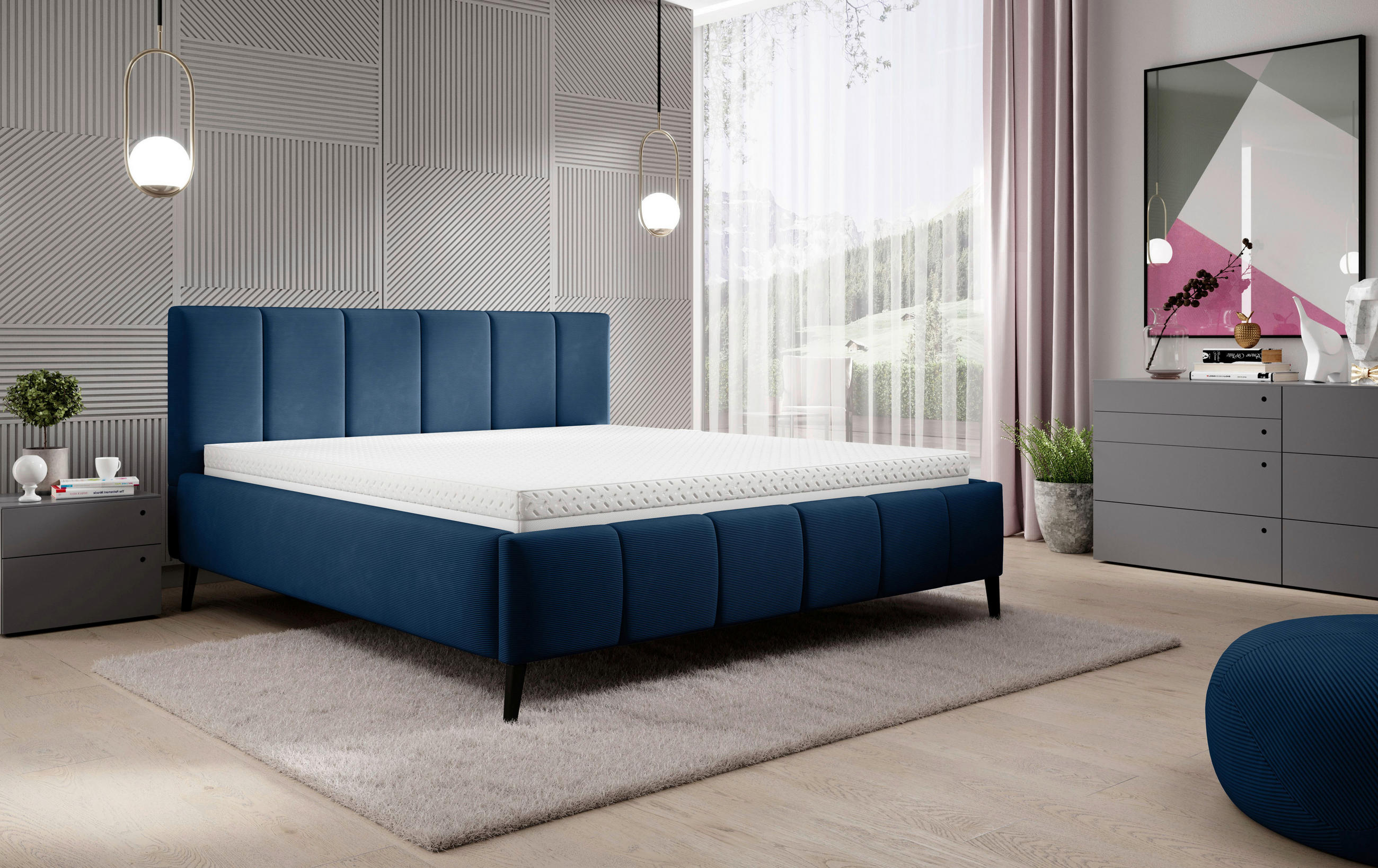 POLSTERBETT 180/200 cm  in Dunkelblau  - Schwarz/Naturfarben, Trend, Holz/Textil (180/200cm) - home24